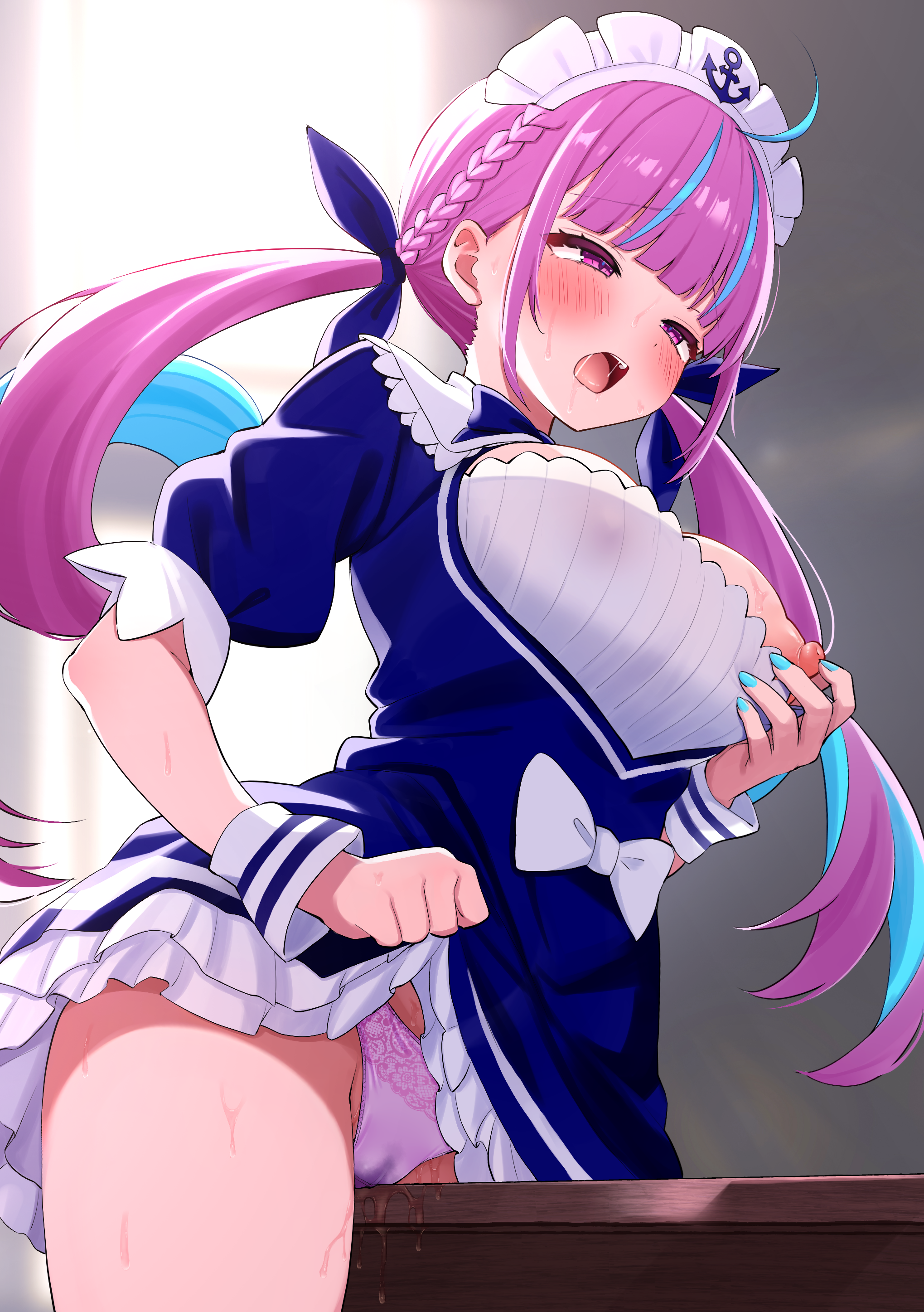 absurdres ahoge anchor_symbol blue_hair blush braid breasts clothed_masturbation clothes_lift colored_inner_hair corner_masturbation crotch_rub dress female female_masturbation female_only grabbing grabbing_own_breast hair_ribbon highres hololive hololive_gen_2 hololive_japan kokemomo_(makesound) large_breasts lifted_by_self long_hair looking_at_viewer maid_headdress masturbation masturbation_through_clothes minato_aqua minato_aqua_(1st_costume) multicolored_hair nipple_stimulation nipple_tweak nipples open_mouth panties pink_panties purple_eyes purple_hair pussy pussy_juice ribbon short_sleeves solo table table_humping two-tone_hair underwear virtual_youtuber