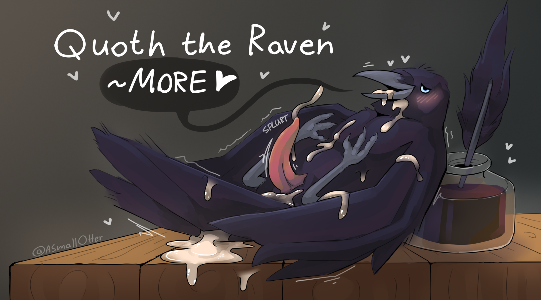 after_sex asmallotter avian avian_feet bird black_body black_feathers blue_eyes blush blush_lines bodily_fluids cloacal_penis corvid corvus_(genus) cum cum_drip cum_in_mouth cum_in_own_mouth cum_in_self cum_inside cum_on_face cum_on_penis cum_on_self cum_pool cum_pooling cumshot dialogue dripping ejaculation erection explicitly_stated_consent feathers feral feralsub furniture genital_fluids genitals glass gradient_background heart_symbol hi_res horny ink inkwell looking_pleasured loose_feather lying male motion_lines offering_sex offering_to_viewer on_back open_mouth oscine passerine penis presenting presenting_penis quill raven signature simple_background solo speech_bubble submissive submissive_male table tail tail_feathers talking_feral tapering_penis wings wood