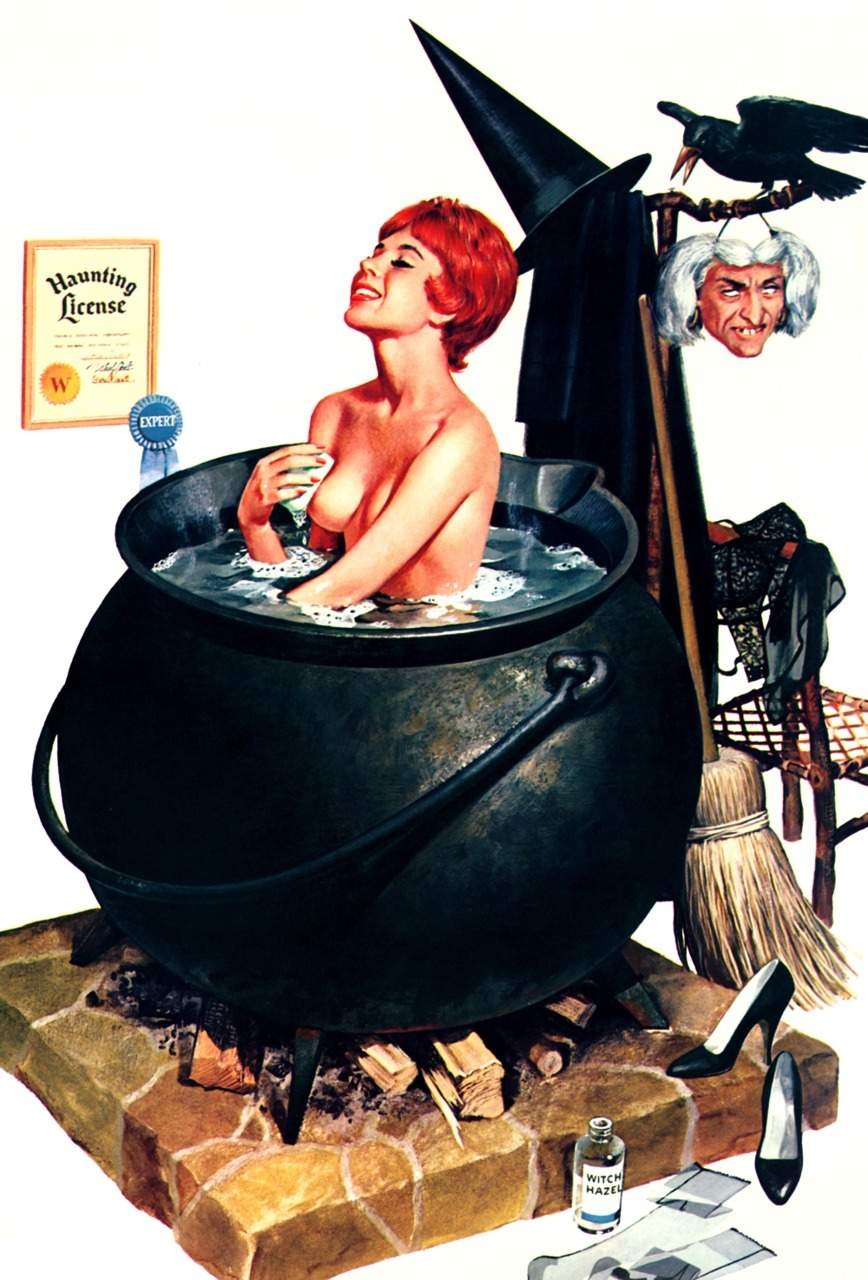 halloween, bath, breasts, cauldron, nude, red hair, uniform, vintage, witch, 