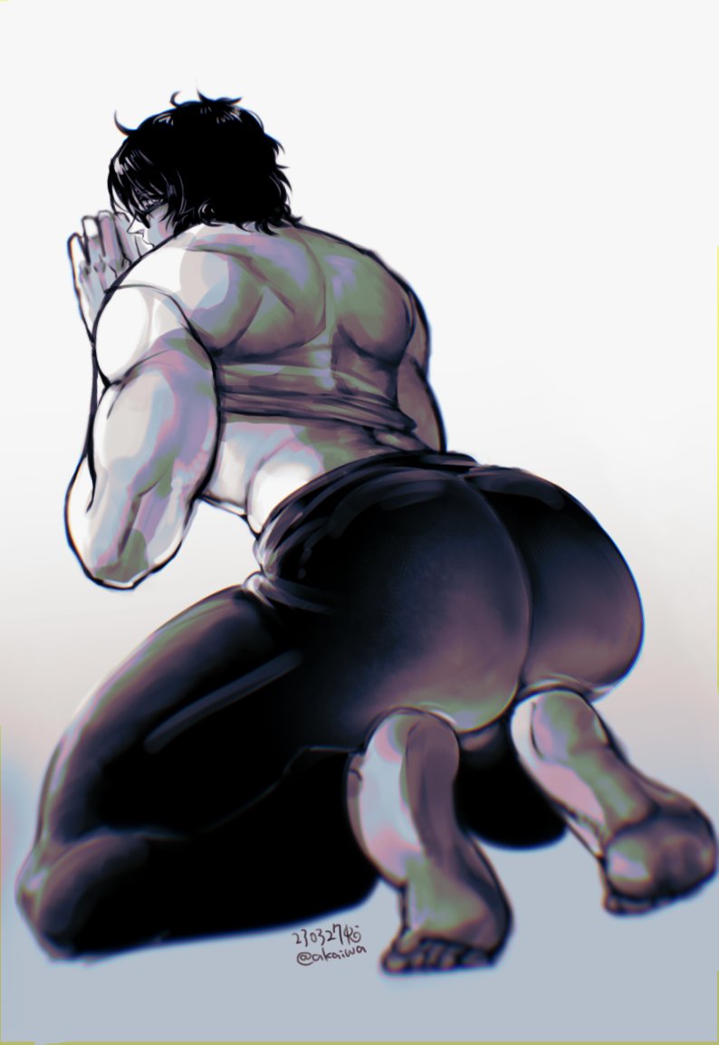 akaiwa, ass, ass focus, back muscles, barefoot, big ass, crouching, full body, gaoh ryuki, glasses, kengan (series), kengan omega, kneeling, looking at viewer, looking back, male, male only, muscular, muscular male, rear view, restricted palette, shirt up, soles, solo, tight pants, 