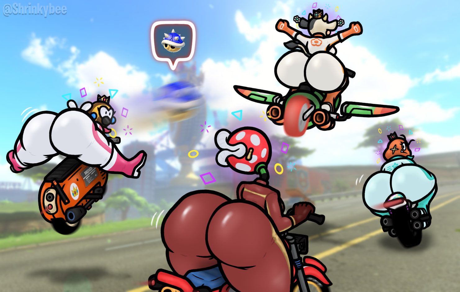 goomba, pauline, piranha plant, princess daisy, princess peach, princess rosalina, mario (series), mario kart, nintendo, super mario bros., 2020s, 2025, 4 bodysuits, 4girls, anthro, ass, bee, big ass, big butt, bike, bodysuit, bovid, bovine, bubble butt, butt, clothed, clothed female, clothes, clothing, cow (mario), cow girl, cowgirl, crown, curvy, curvy figure, earrings, female, female focus, female only, looking at another, looking back, mario kart world, moo moo (mario), moo moo meadows cow, motorcycle, png, shrinkybee, spiny shell, spiny shell (mario kart), stingby, transformation, voluptuous, voluptuous female, 