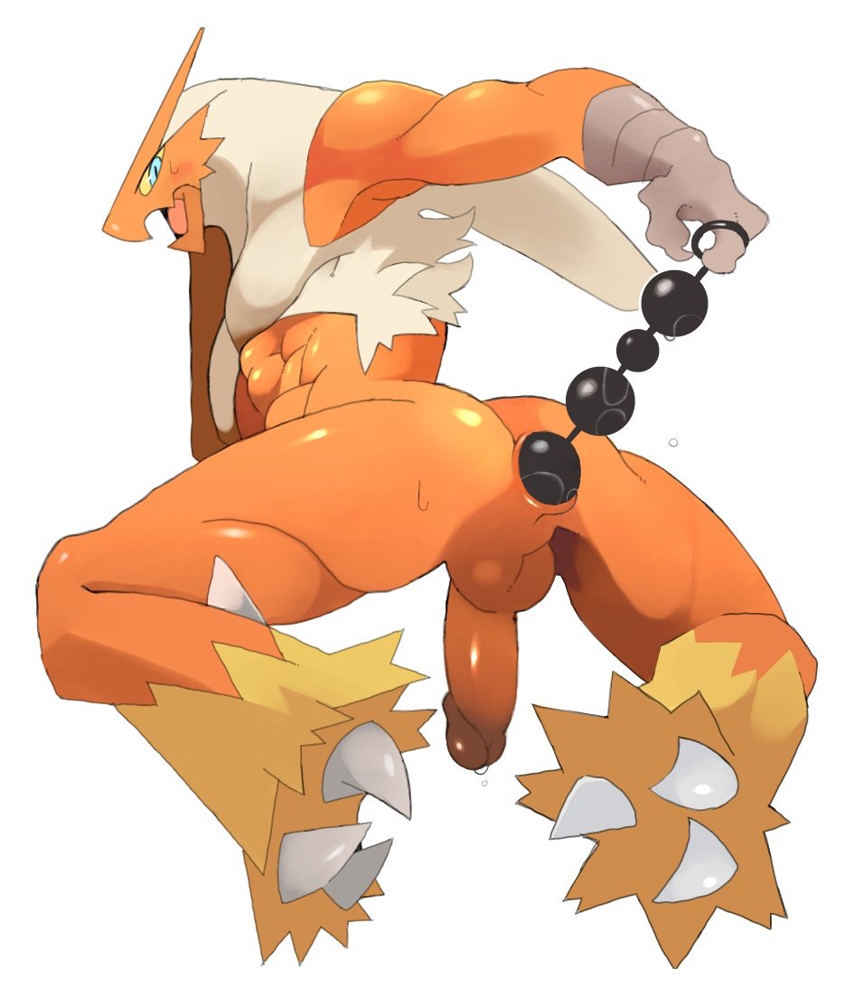 blaziken, nintendo, 2020, simple background, white background, abs, anal, anal beads, anal masturbation, anthro, backsack, balls, biceps, blue eyes, bodily fluids, genital fluids, genitals, humanoid genitalia, humanoid penis, male, male only, masturbation, muscular, muscular male, penis, pokemon, precum, samon, sex toy, solo, swear, video games, 