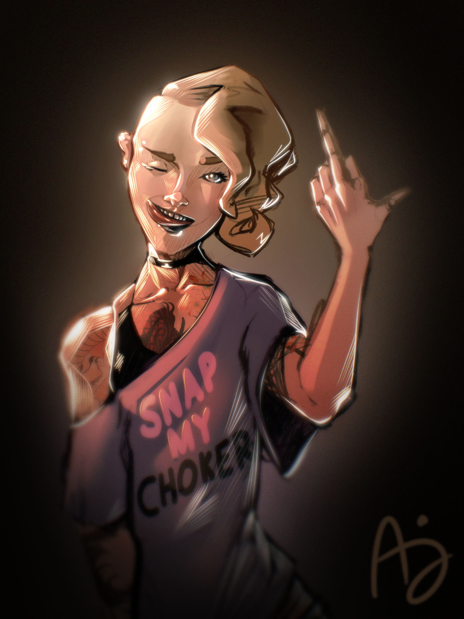 applesauce jack, original character, original, 1girls, blonde hair, blue eyes, choker, christine glass(applesauce jack), ear piercing, eyebrow piercing, loose clothes, loose shirt, middle finger, one eye closed, shaved side, short hair, small breasts, smile, snap my choker, sports bra, tattoos, tongue out, 