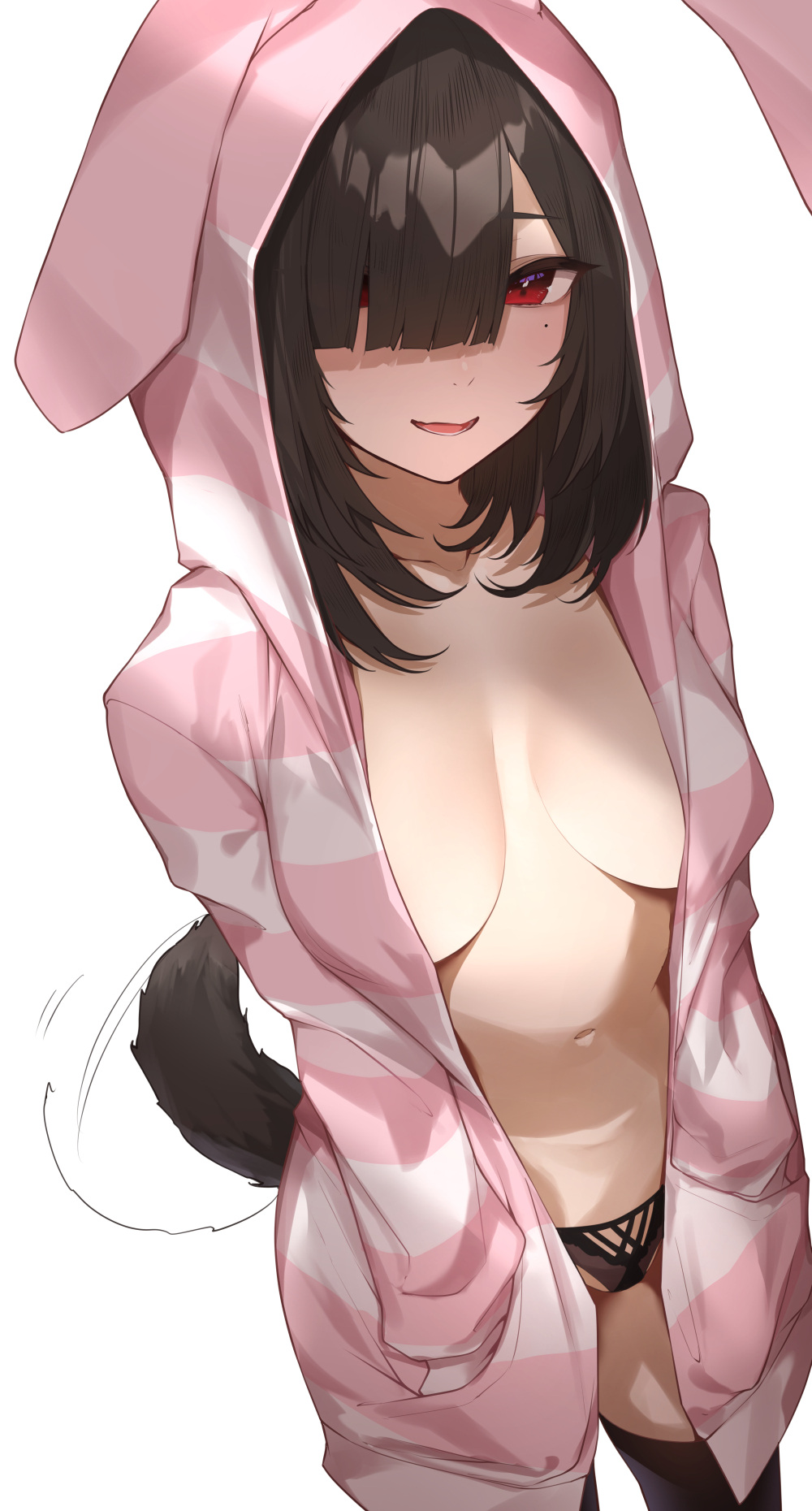 yaman, original, highres, bangs, blush, breasts, brown hair, female, large breasts, long hair, long sleeves, looking at viewer, navel, open mouth, smile, solo, 