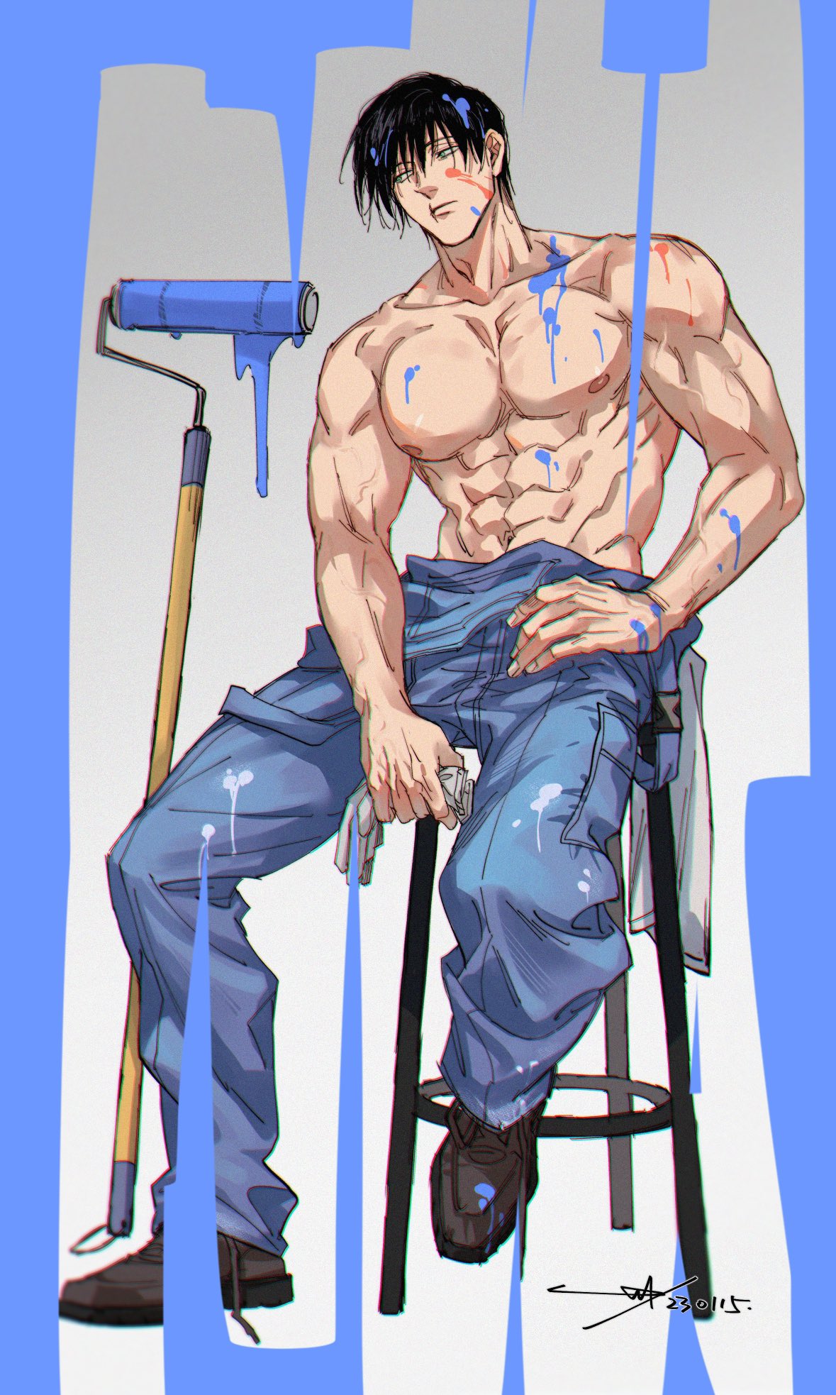 1boy, abs, alternate costume, biceps, black hair, blue eyes, full body, gloves, jujutsu kaisen, jumpsuit, light-skinned male, light skin, male, male only, muscular, muscular male, paint, pecs, sashiyu, scar, shirtless, sitting, six pack, toji fushiguro, topless, topless male, veins, wet, wet skin, 