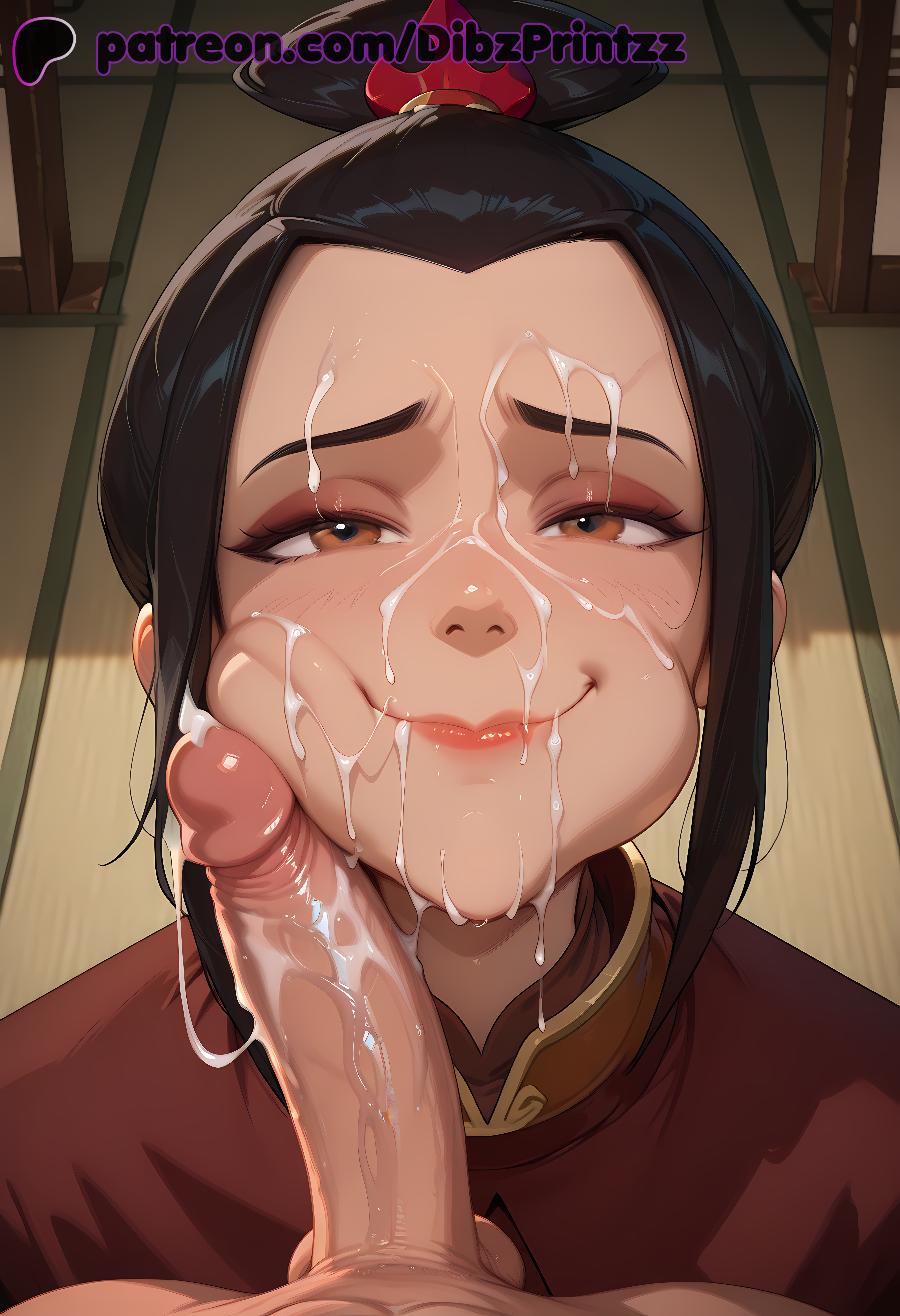 1boy after_fellatio ai ai_assisted ai_generated anime artist_name avatar_legends avatar_the_last_airbender azula black_hair blush brown_eyes cheek_press closed_mouth cum dibzprintz erection facial female forehead hi_res high_quality high_resolution highres lips looking_at_viewer nickelodeon nicktoons penis penis_on_face pov smile solo_focus straight testicles uncensored watermark