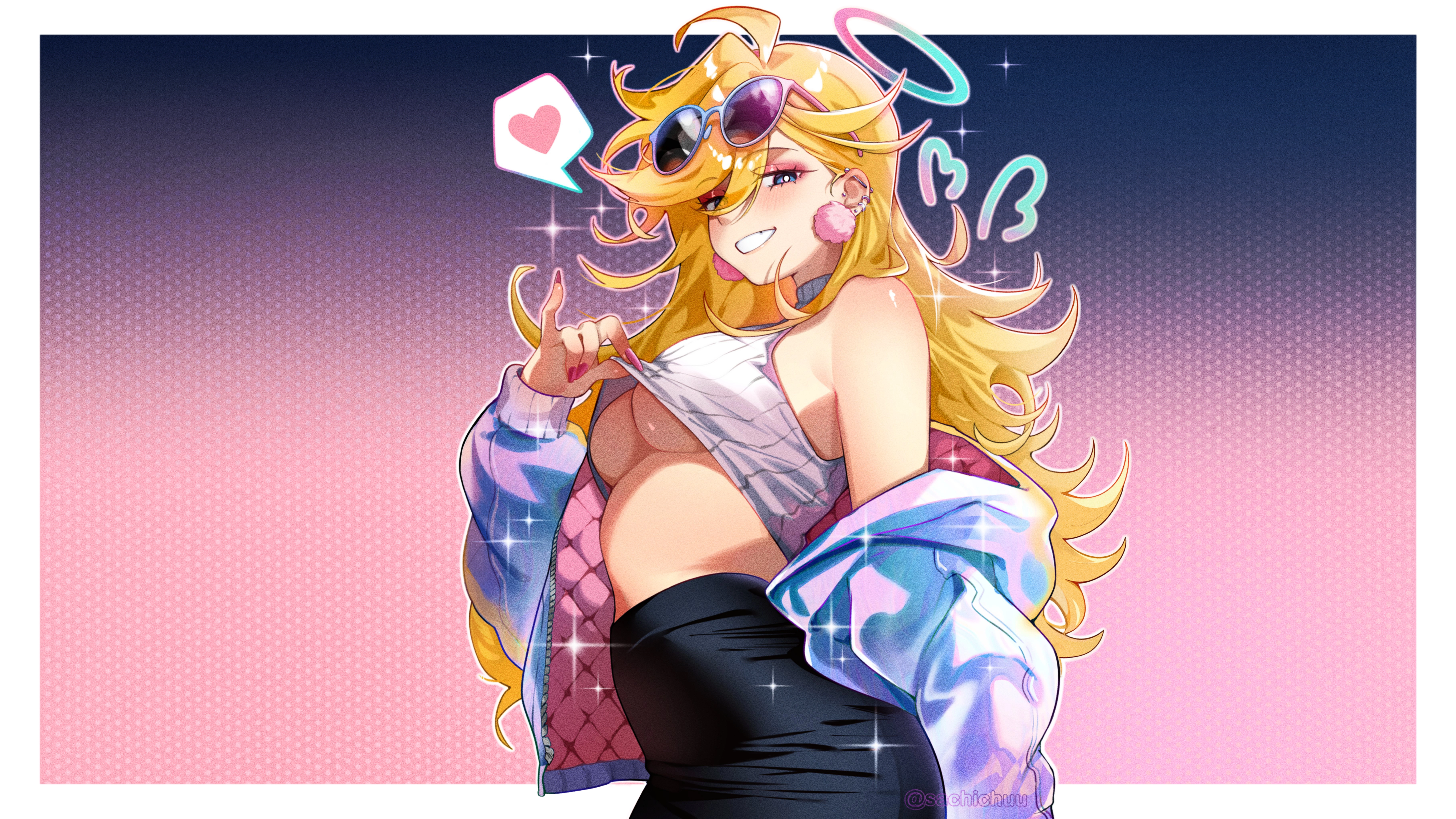 absurdres ahoge ai_assisted black_skirt blonde_hair blue_eyes blue_jacket blush border breasts bright_pupils clothes_lift commentary crop_top drawn_wings earrings english_commentary eyewear_on_head female fingernails from_side grin hair_between_eyes halo heart highres jacket jewelry large_breasts lifting_own_clothes long_hair long_sleeves looking_at_viewer medium_breasts nail_polish naughty_face no_bra off_shoulder open_clothes open_jacket outside_border panty_&_stocking_with_garterbelt panty_anarchy pencil_skirt pink_nails pinky_out pom_pom_(clothes) pom_pom_earrings puffy_long_sleeves puffy_sleeves ribbed_shirt sachichuu shirt shirt_lift skirt sleeveless sleeveless_shirt smile solo sparkle spoken_heart stomach sunglasses teasing third-party_edit twitter_username uncropped underboob upper_body very_long_fingernails very_long_hair wallpaper white_border white_pupils white_shirt