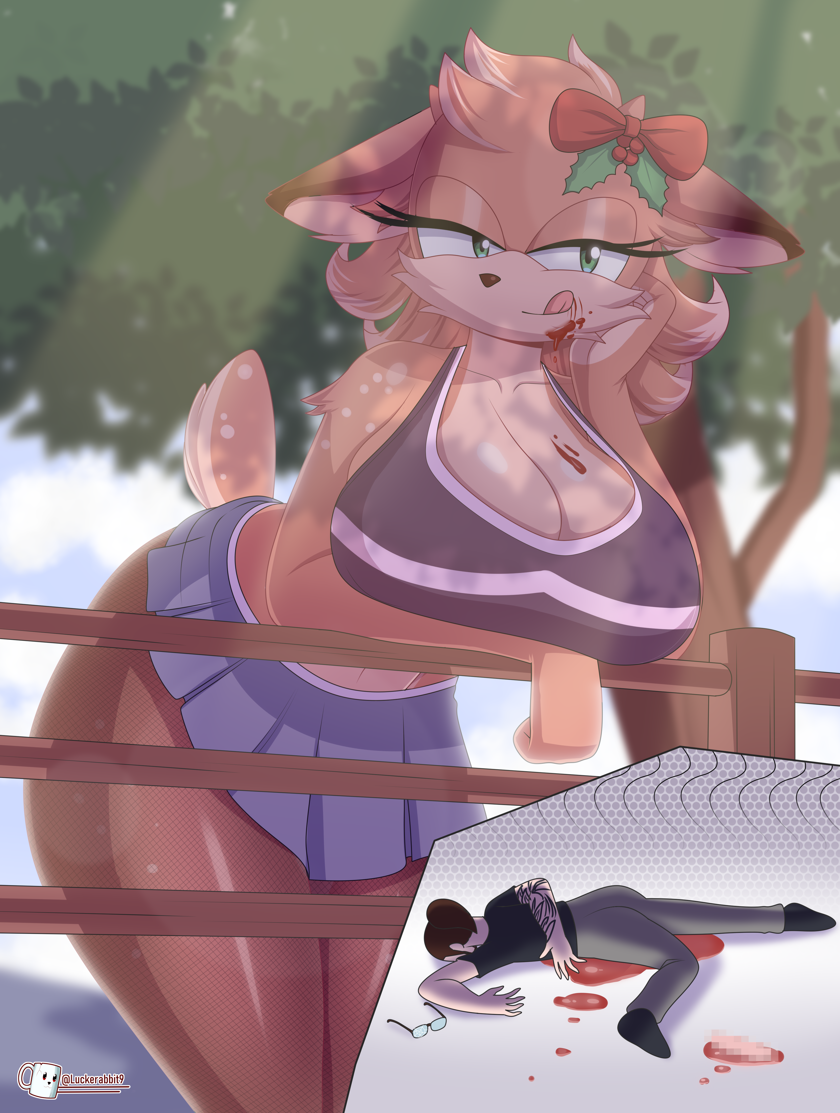 anthro anthro_deer anthro_doe anthro_female big_breasts breasts clothed deer doe humor leyendasyvideojuegos licking_blood meme nara_the_doe oc peter_griffin_pose sonic_(series) sonic_oc sonic_the_hedgehog_(series) super_jueves thights