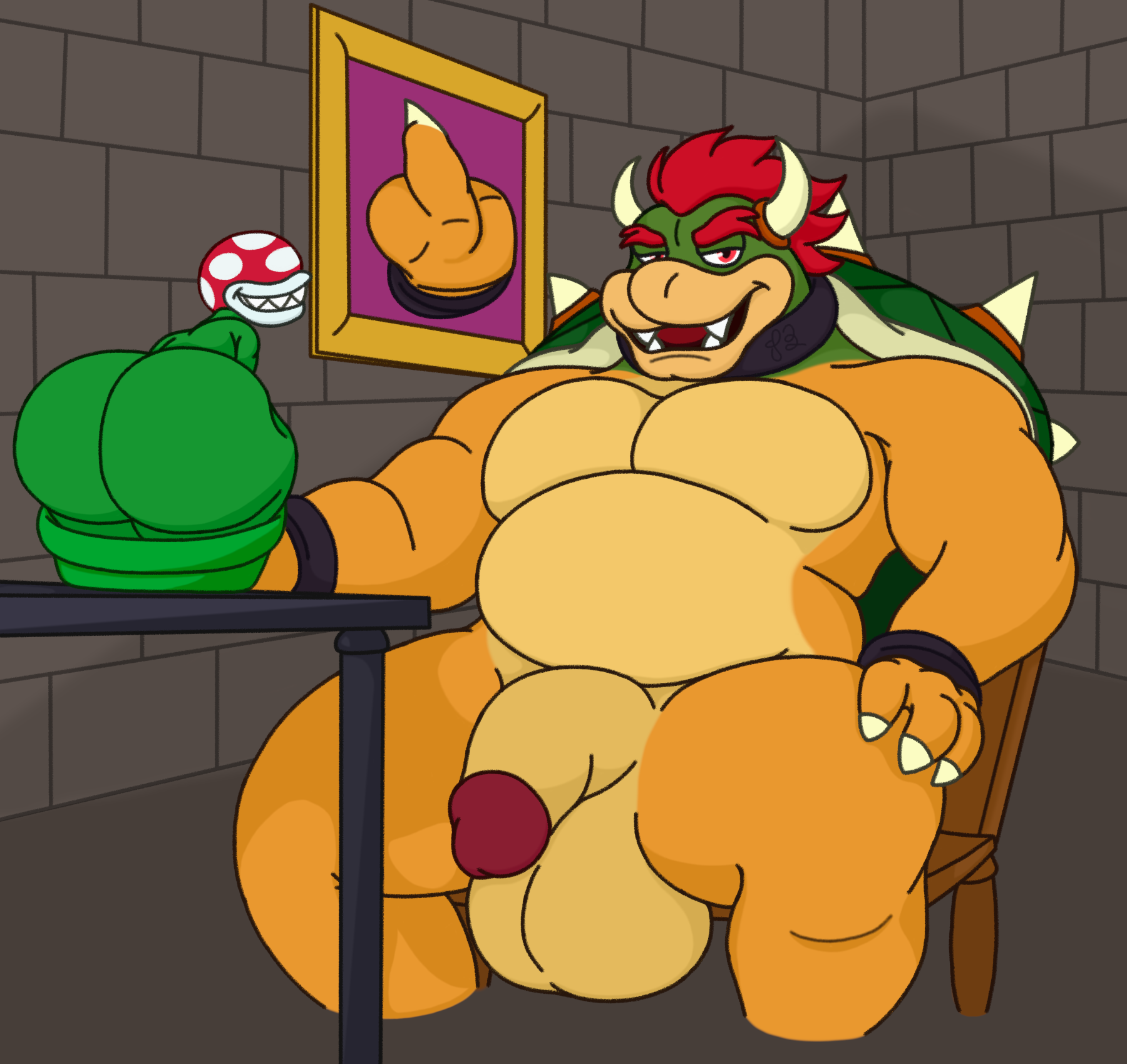 ambiguous_gender anthro ass balls big_ass big_balls big_butt big_pecs big_penis bowser bracelet brick chair claws elemental_creature finger_claws flaccid flora_fauna furniture genitals gesture hair half-closed_eyes hand_gesture hand_on_knee hand_on_leg hi_res horn jewelry koopa looking_at_viewer male male_only mario_(series) middle_finger musclegut muscular narrowed_eyes nintendo open_mouth pecs penis pipes piranha_plant plant red_eyes red_hair scalie shell sitting smile spikes table teeth tongue waniiime