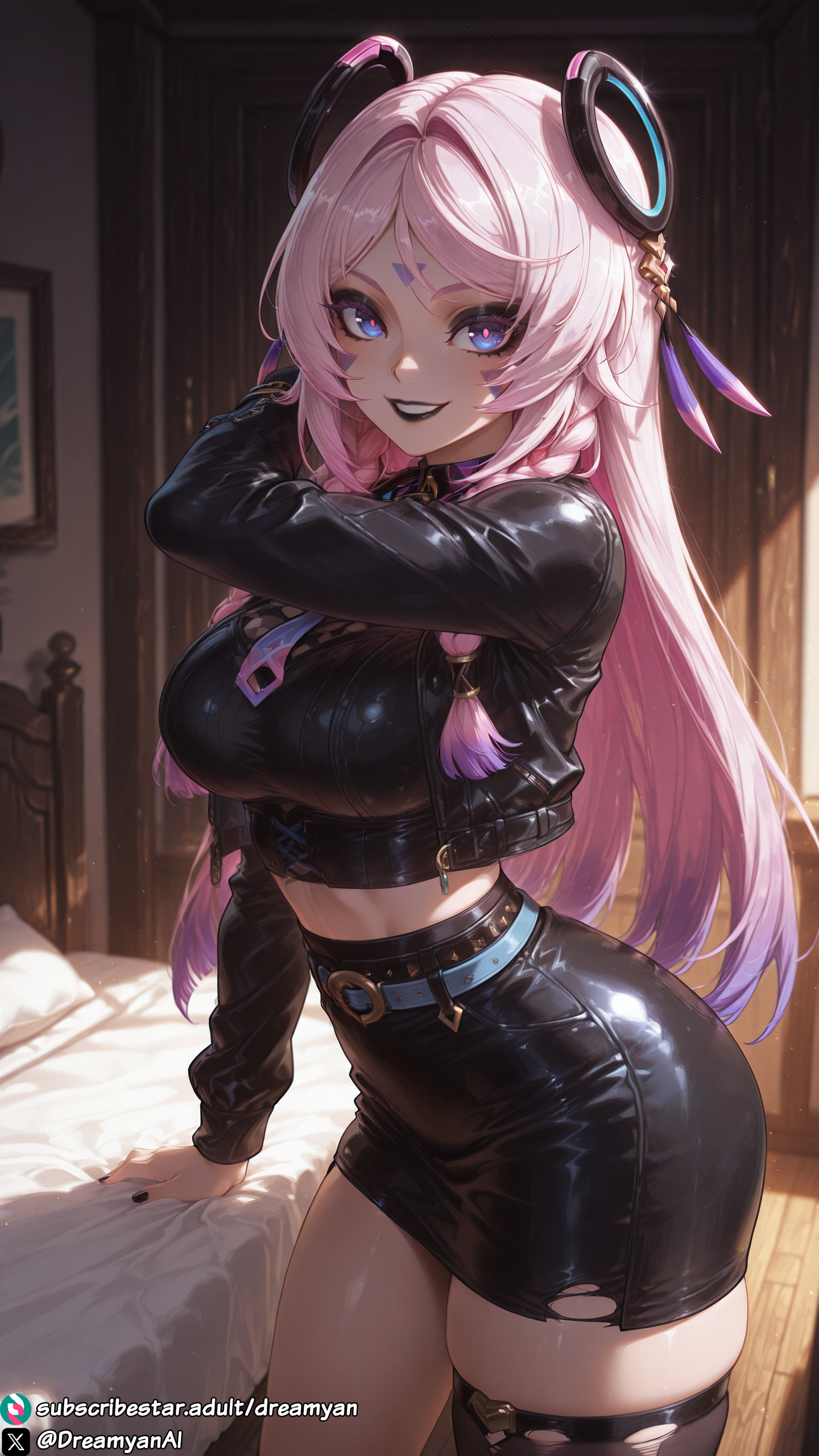 1girls ai_generated big_breasts blue_eyes breasts citlali_(genshin_impact) clothed clothed_female curvy curvy_body curvy_female dreamyan_ai female female_focus female_only genshin_impact goth goth_girl hi_res high_quality high_resolution highres long_hair makeup pink_hair smile smiling solo solo_female solo_focus thick_ass thick_thighs thighs uncensored