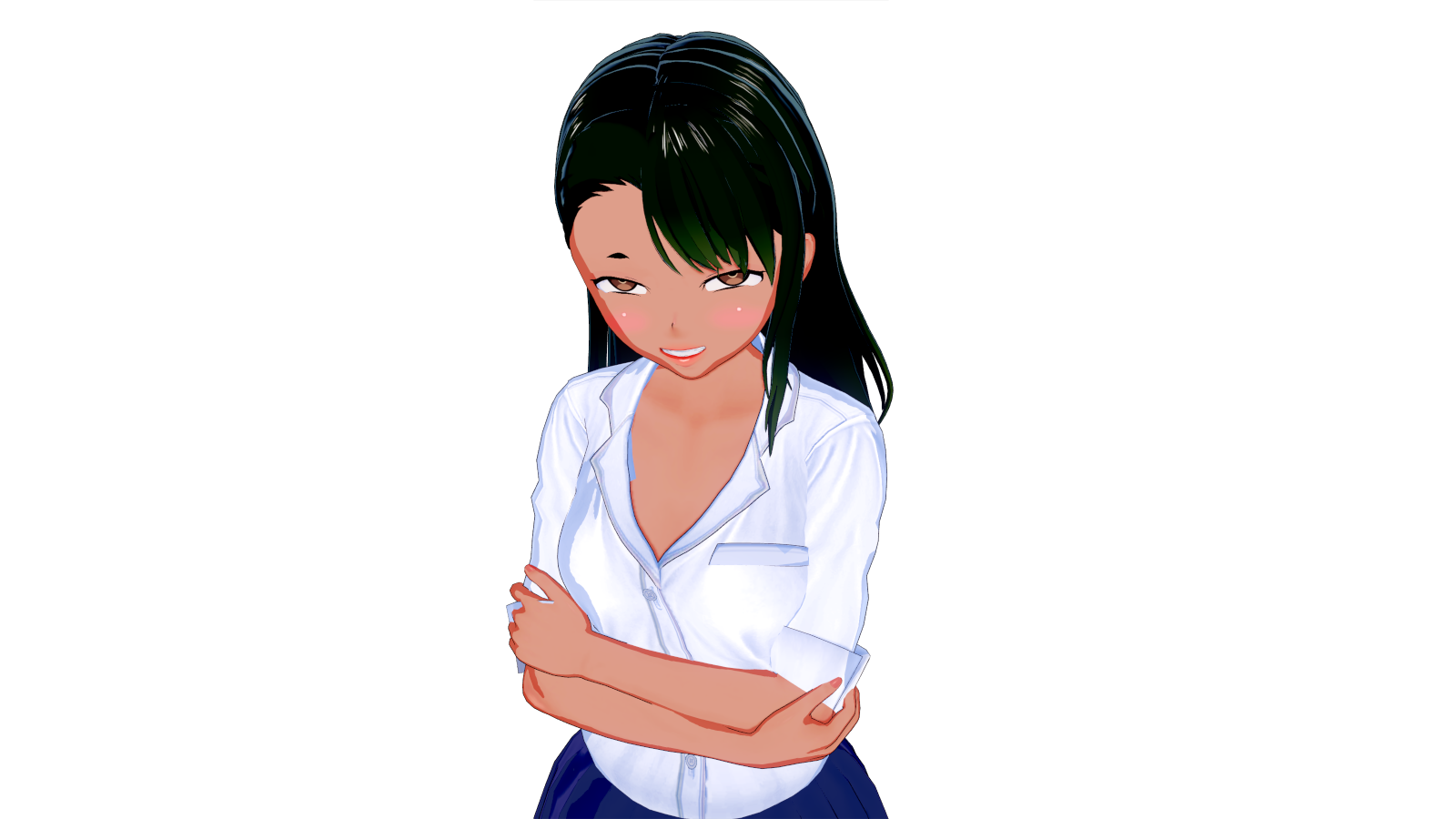 comic, comic page, hi res, pose, simple background, 1girls, black hair, blush, breasts, brown eyes, clothed, clothing, female focus, female only, hentai-slippers (artist), long hair, looking at viewer, revealing clothes, small breasts, smile, solo, tan, tanned, 