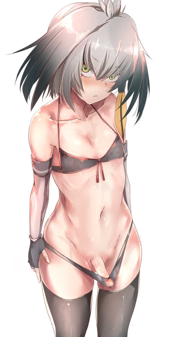 tai (nazutai), shoebill (kemono friends), kemono friends, rule 63, simple background, white background, 1boy, androgynous, arms at sides, bangs, bikini, black bikini, black gloves, black hair, black legwear, closed mouth, collarbone, erect nipples, erection, erection under clothes, expressionless, eyebrows visible through hair, female, femboy, fingerless gloves, girly, gloves, gradient hair, green eyes, head tilt, looking at viewer, multicolored hair, navel, penis, shiny, shiny skin, silver hair, small testicles, solo, stomach, swimsuit, thighhighs, trap, 
