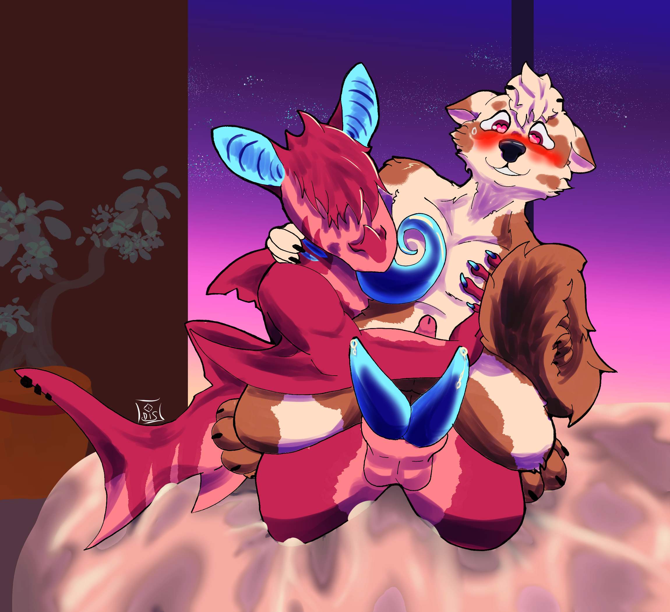 digital media (artwork), hi res, simple background, 2 penises, animal genitalia, animal penis, anthro, balls, blush, bodily fluids, canid, canine, canis, clem, discordsflare, domestic dog, duo, erection, fish, fur, genital fluids, genitals, male, male/male, mammal, marine, multi genitalia, multi penis, nipples, nude, oli, penis, sex, shark, smile, tongue, 