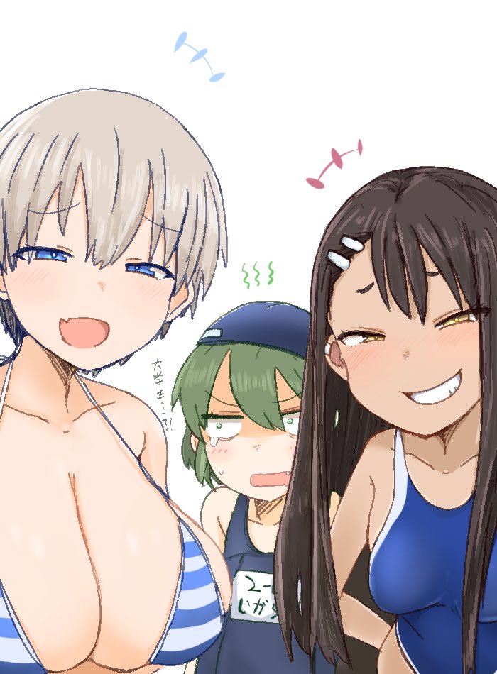 hayase nagatoro, igarashi futaba (shiromanta), uzaki hana, senpai ga uzai kouhai no hanashi, uzaki-chan wa asobitai!, simple background, white background, 3girls, big breasts, bikini, black hair, blue eyes, blush, breasts, brown eyes, cleavage, female focus, female only, flat chest, green eyes, green hair, long hair, open mouth, ro (aahnn), short hair, silver hair, small breasts, smile, swimsuit, 