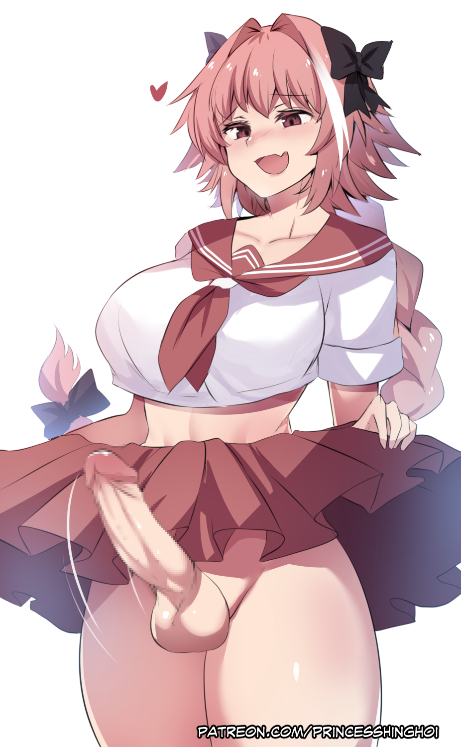 hinghoi, astolfo (fate), fate/grand order, fate (series), censored, highres, mosaic censoring, simple background, white background, bangs, blush, bow, breasts, cowboy shot, crop top, erection, female, futanari, genderswap, hair intakes, hairbow, heart, large breasts, lifted by self, long braid, long hair, multicolored hair, nose blush, oerba yun fang, open mouth, penis, pink hair, school uniform, serafuku, short sleeves, skin fang, skirt, skirt lift, solo, streaked hair, testicles, white hair, 