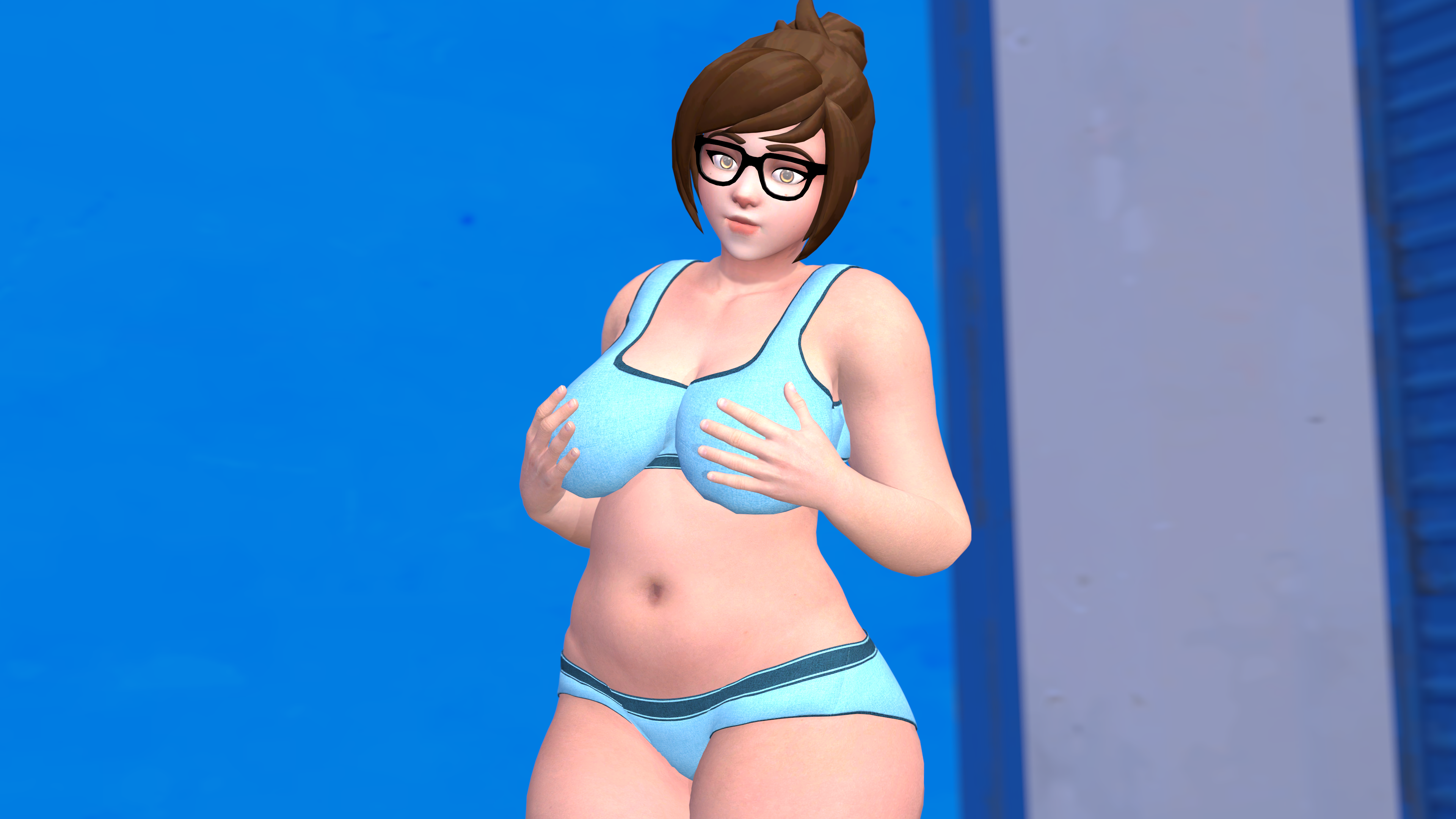 mei (overwatch), overwatch, 3d, tagme, big breasts, bra, breasts, brown eyes, brown hair, chubby, clothed, curvy, female, glasses, panties, pinup, solo, standing, thick, thick thighs, wide hips, 