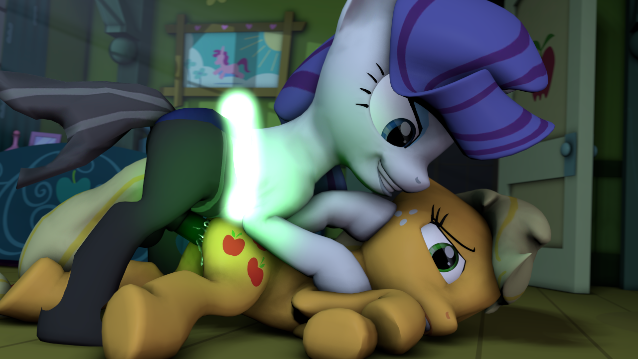 fruitymilk, applejack (mlp), rarity (mlp), friendship is magic, my little pony, 2015, 3d, animal genitalia, balls, changeling, duo, earth pony, equine, erection, female, feral, horn, horse, horsecock, male, mammal, penetration, penis, pony, sex, unicorn, 