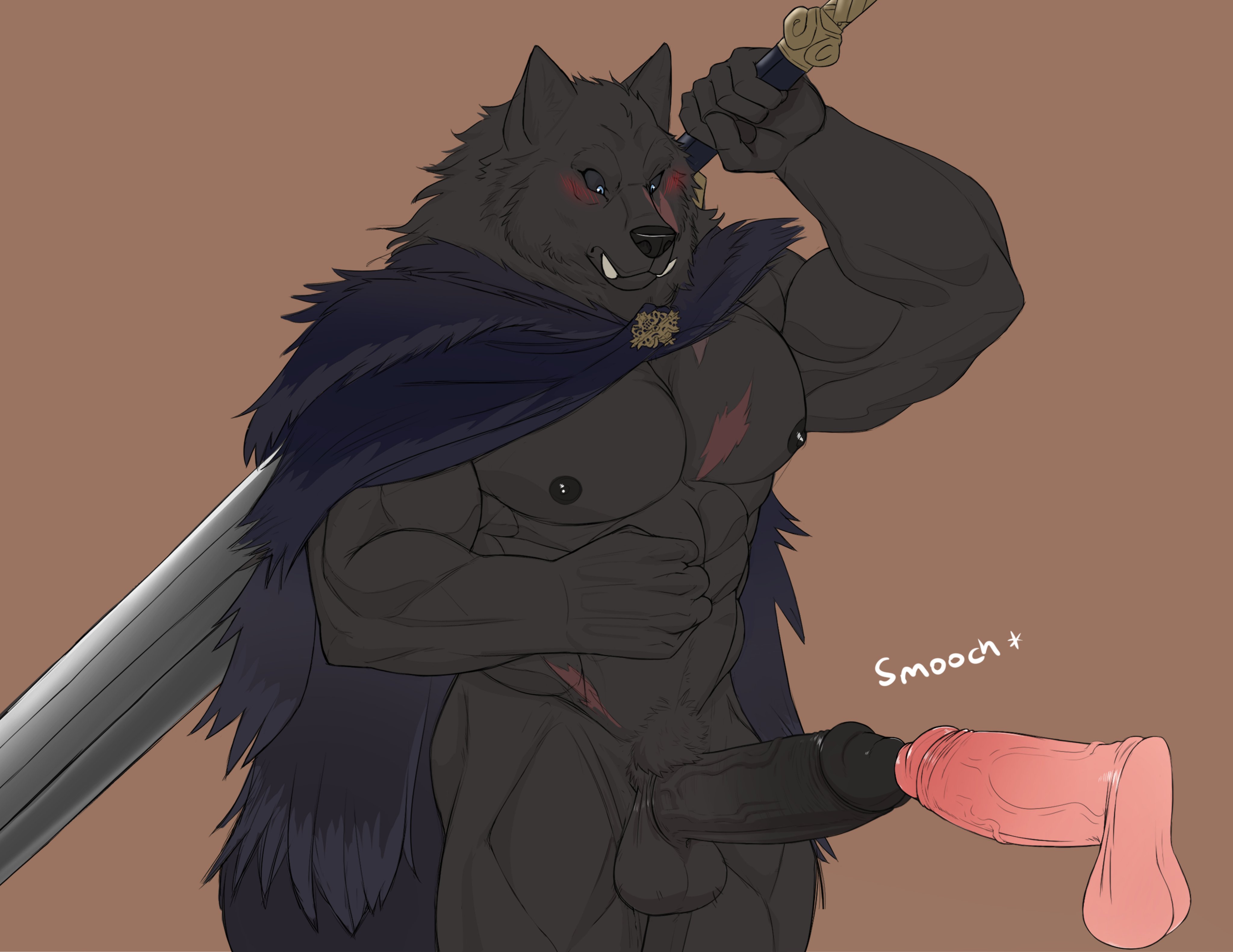 seyrmo, fromsoftware, absurd res, hi res, anthro, blaidd (elden ring), blush, canid, canine, canis, cape, cape only, clothed, clothing, duo, elden ring, erection, fangs, genitals, human, human on anthro, interspecies, male, male/male, mammal, melee weapon, mostly nude, muscular, muscular male, nipples, partially clothed, partially clothed male, penis, scar, standing, sword, video games, weapon, wolf, 