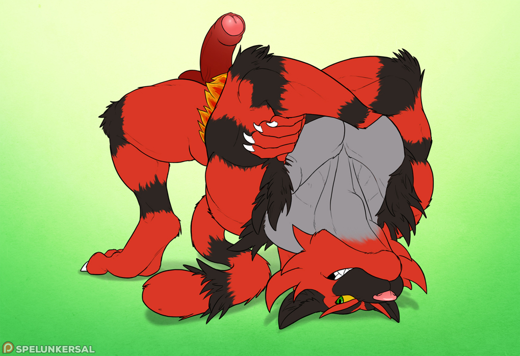 spelunker sal, incineroar, nintendo, pokemon sm, 2017, green background, patreon, simple background, text, watermark, 1boy, 5 fingers, anthro, black fur, claws, crossed arms, erection, feet, feline, fluffy, fluffy tail, foreskin, fur, furry, green eyes, grey fur, humanoid penis, male, male only, muscular, muscular male, no nipples, nude, paws, penis, pokemon, red fur, smile, soles, solo, teeth, testicles, uncut, veins, veiny penis, video games, yellow sclera, 