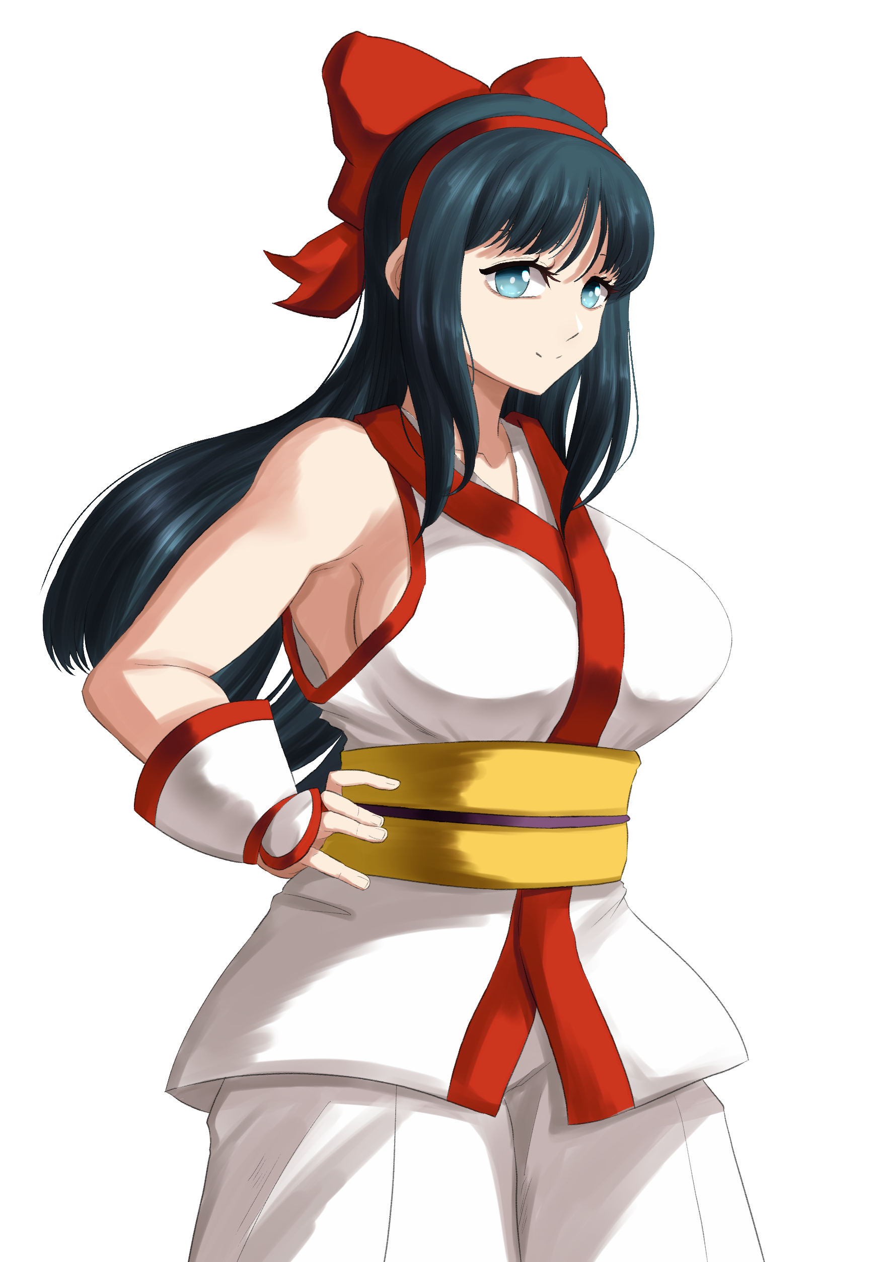 nakoruru, samurai shodown, snk, highres, pose, 1girls, ainu clothes, big breasts, blue eyes, blue hair, breasts, busty, confident, female, female only, fingerless gloves, gloves, hair ribbon, hand on own hip, large breasts, long hair, looking at viewer, pants, posing, ribbon, sideboob, smile, solo, voluptuous, 