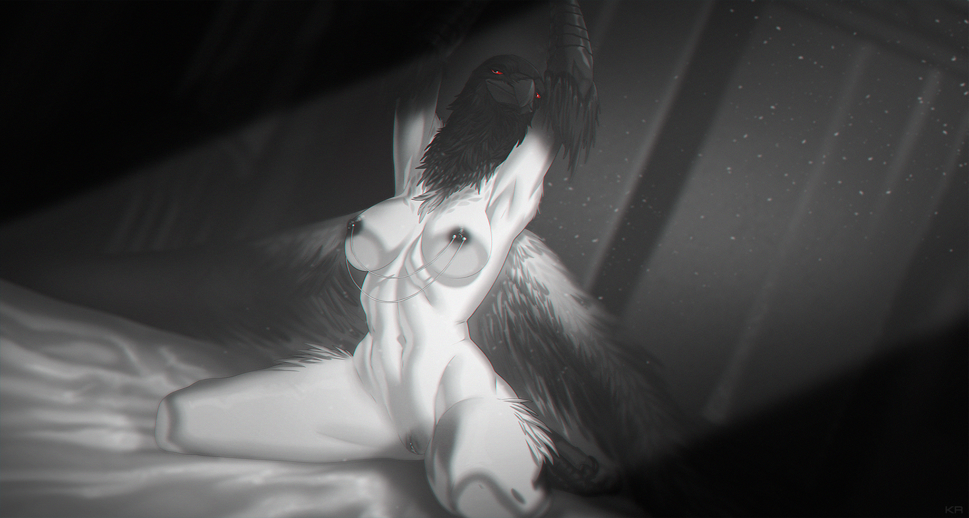ornifex, dark souls, greyscale, monochrome, animal humanoid, avian, avian humanoid, breasts, feathered wings, feathers, female, humanoid, kneeling, mikinyaro, nipple piercing, nipples, piercing, pubes, pussy, solo, video games, wings, 