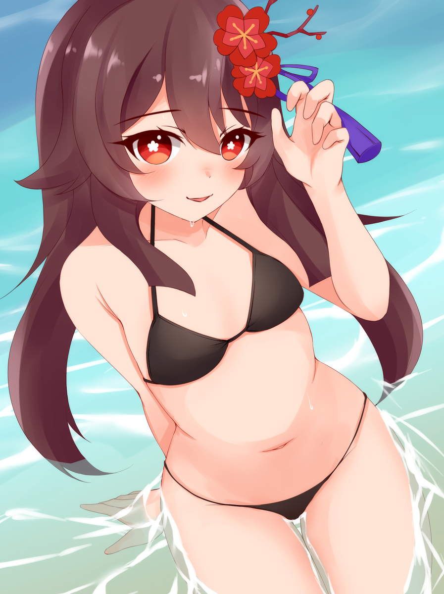ayatori, bikini, black bikini, flower, flower in hair, genshin impact, hu tao (genshin impact), red eyes, small breasts, symbol-shaped pupils, 