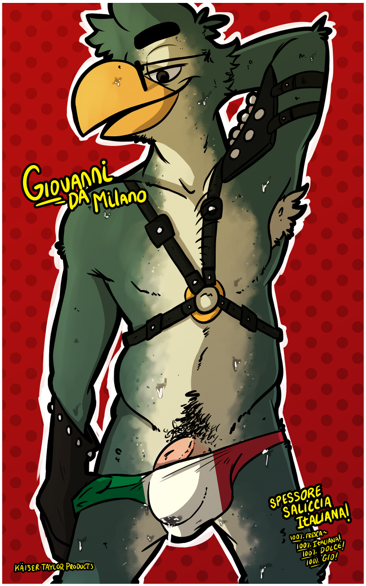 kaisertaylorproducts, pose, simple background, text, 1boy, anthro, armpit hair, armpits, avian, beak, big bulge, bird, border, bulge, clothing, dotted background, eyewear, front view, giovanni da milano, glasses, harness, italian, italian flag, italian text, male, male only, pattern background, penguin, penis, penis base, pinup, precum, precum through clothing, pubes, raised arm, rubbing head, seductive, smile, solo, sweat, thong, underwear pull, wet spot, 