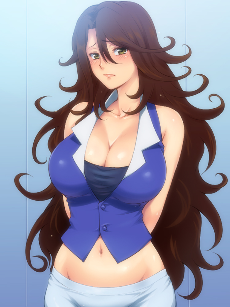 hairu, sumeragi lee noriega, gundam, gundam 00, arms behind, arms behind back, bare shoulders, blush, breasts, brown hair, bust, cleavage, cute, female, female only, huge breasts, human, lips, long hair, midriff, mound of venus, navel, solo, yellow eyes, 