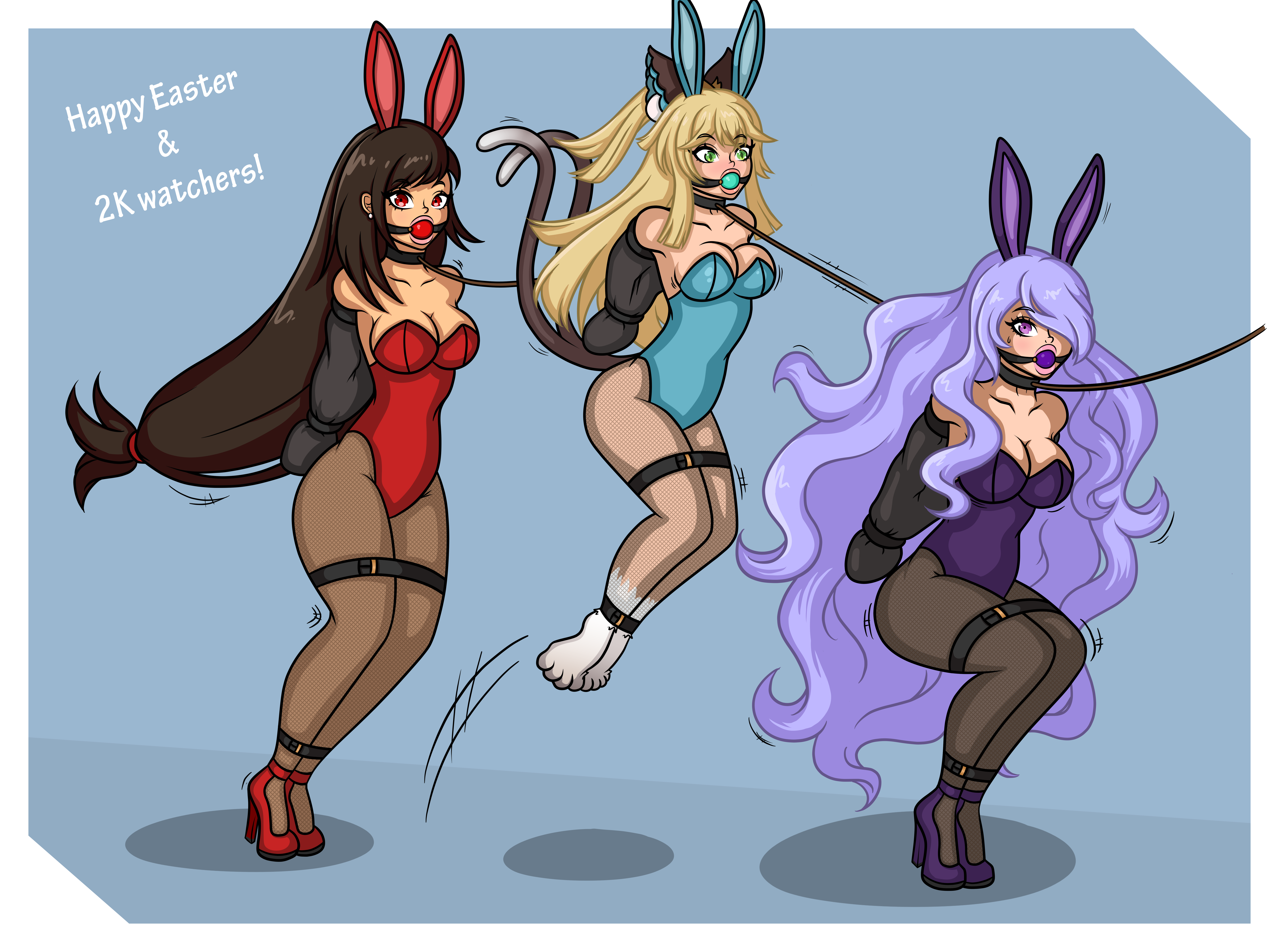 easter, armbinder, ball gag, bondage, bound, bunny ears, bunny girl, cleavage, collar, female, female only, femsub, fully clothed, gag, high heels, leash, minimedjed, png, 