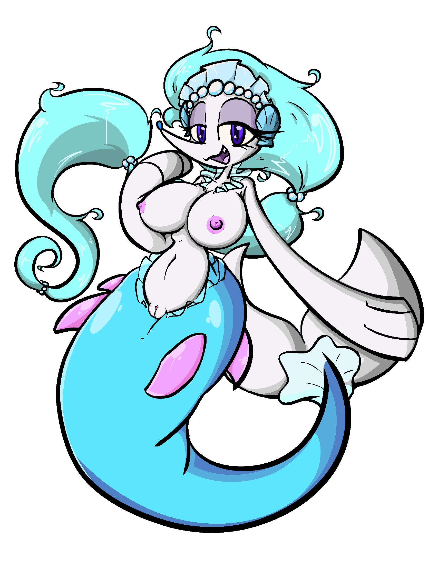 primarina, nintendo, hi res, simple background, transparent background, alpha channel, anthro, areola, blue body, blue eyes, blue hair, blue nose, blue skin, breasts, clitoris, eyelashes, fangs, female, genitals, hair, half-closed eyes, looking at viewer, narrowed eyes, navel, nipples, open mouth, pencil-arts, pokemon, pussy, seashell, shell, solo, tongue, video games, white body, white skin, 