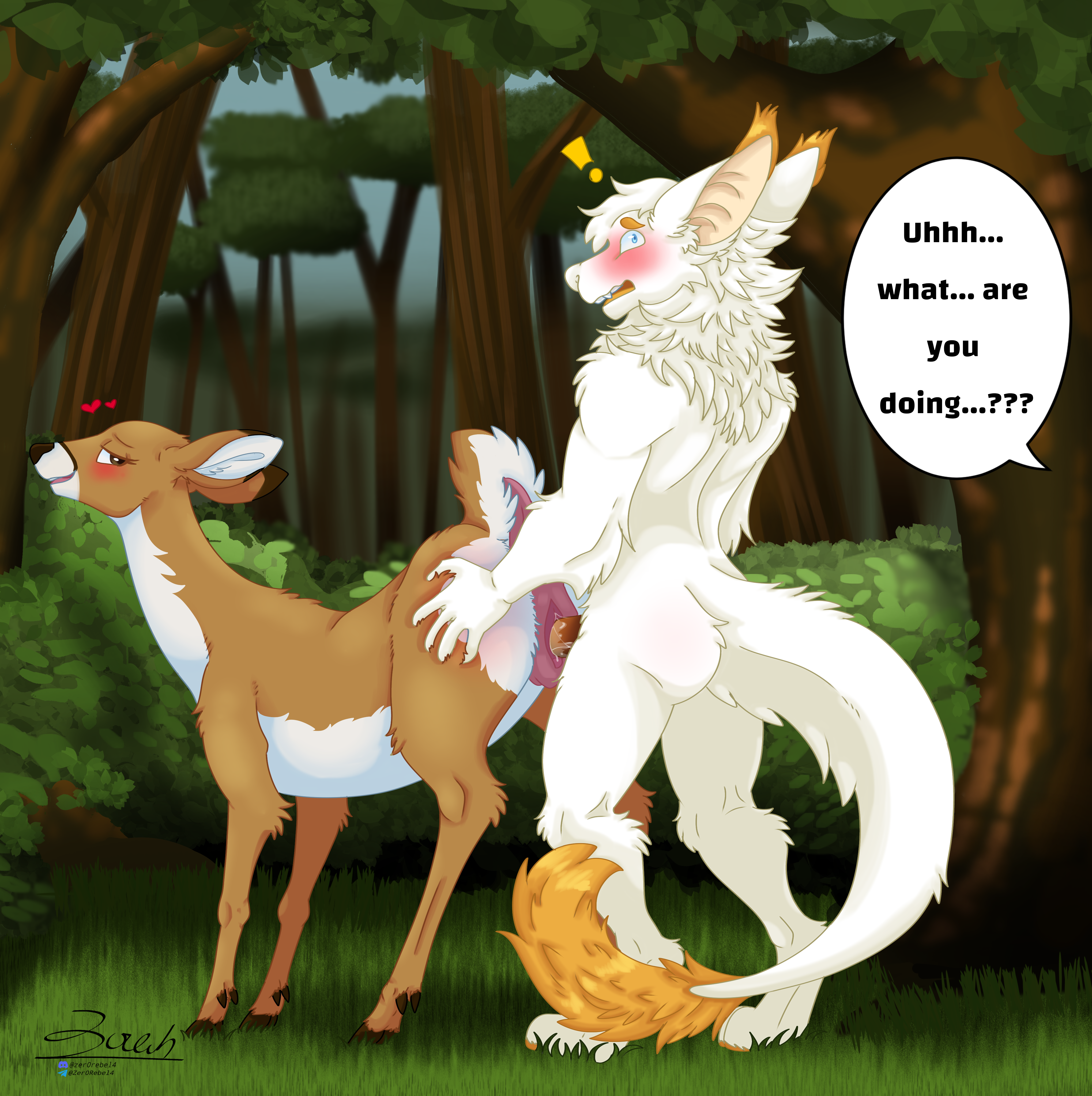 2025 absurd_res animal_genitalia animal_vulva anthro anthro_on_feral anthro_penetrating anthro_penetrating_feral ass blue_eyes blush bodily_fluids body_blush branch brown_body brown_eyes brown_fur brown_markings butt_blush caught_having_sex caught_in_the_act clitoral_winking clitoris cloven_hooves deer detailed_background dewclaw_hooves dialogue digital_media_(artwork) dock_(anatomy) dragon duo ear_tuft english_text equine_genitalia equine_vulva erection exclamation_point fangs female female_feral female_on_anthro female_penetrated feral feral_penetrated fluffy fluffy_tail forest from_behind_position fur furred_dragon furred_scalie genital_fluids genitals grass hair hand_on_butt heart_symbol hi_res hooves interspecies interspecies_bestiality kailith_(kailithkayda) looking_back looking_offscreen looking_pleasured male male/female male_anthro male_on_feral male_penetrating male_penetrating_female mammal markings mythological_creature mythological_scalie neck_tuft new_world_deer outdoor_nudity outside outside_sex pawpads paws penetration penis plant raised_tail rear_view scalie scut_tail sex shocked short_tail shrub speech_bubble standing standing_sex tail teeth text tree tuft vaginal_fluids vaginal_penetration vulva white-tailed_deer white_body white_fur white_hair white_markings yellow_body yellow_fur yellow_markings zer0rebel4 zoophilia