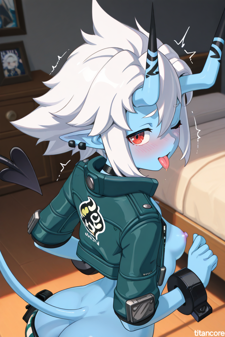 (titancore) ai_generated bad_girl blue_skin curvy_figure cute_girl demon_girl demon_tail female girl horns naughty_girl oni_female oni_horns oni_tail pointy_ears red_eyes short_hair showing_off small_breasts soukaku soukaku_(zenless_zone_zero) teasing_viewer video_game_character white_hair zenless_zone_zero