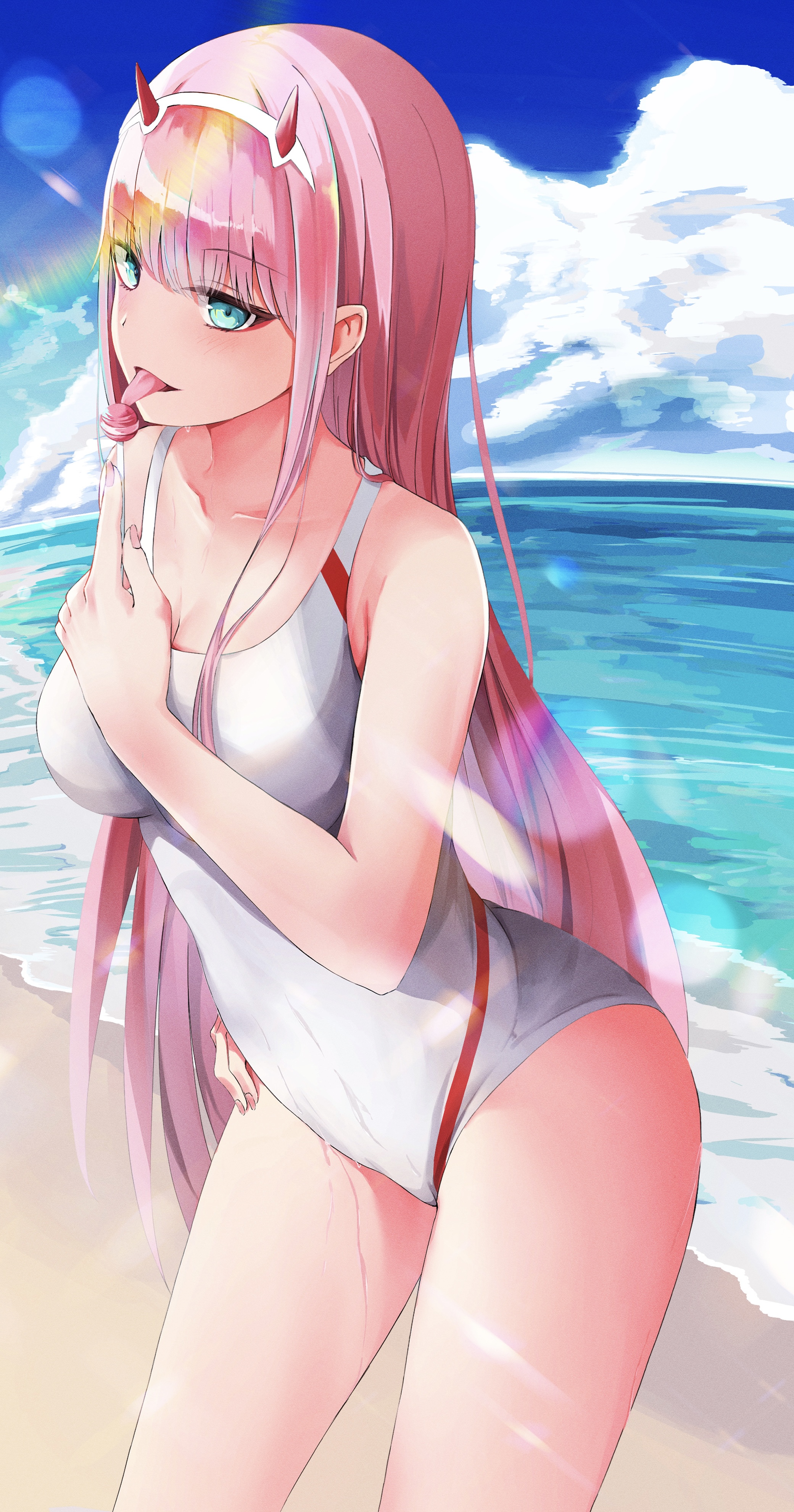 lolipop, zero two (darling in the franxx), darling in the franxx, beach, blue eyes, blush, breasts, pink hair, swimsuit, 