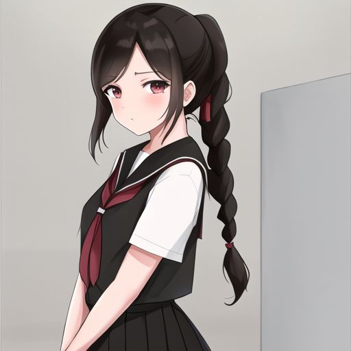 ty lee, avatar the last airbender, simple background, ai generated, airest, blush, braid, braided ponytail, brown eyes, brown hair, school uniform, serafuku, shy, stable diffusion, white shirt, 