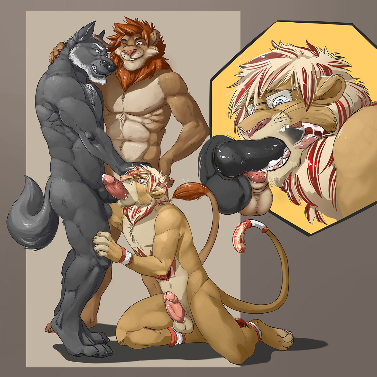 Gay furry lion threesome
