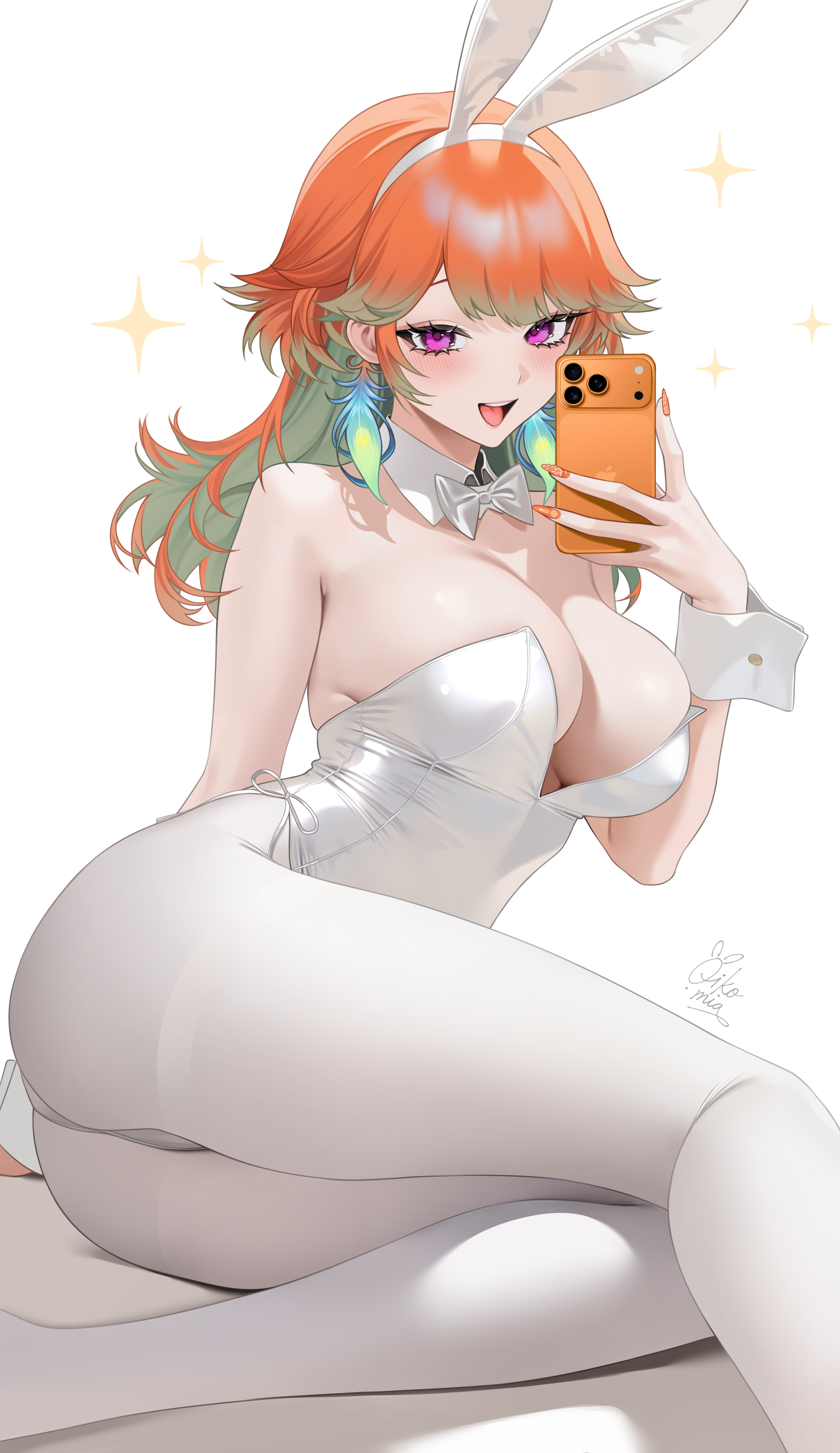 :d absurdres animal_ear_hairband animal_ears arm_behind_back arm_support ass bare_shoulders bow bowtie breasts cellphone cleavage colored_inner_hair detached_collar fake_animal_ears feathers female gradient_hair green_feathers green_hair hair_flaps hairband highleg highleg_leotard highres holding holding_phone hololive hololive_english iphone_17_pro large_breasts leotard long_hair looking_at_viewer multicolored_hair oikomia open_mouth orange_hair orange_nails phone playboy_bunny purple_eyes rabbit_ear_hairband rabbit_ears selfie simple_background smartphone smile solo strapless strapless_leotard takanashi_kiara teeth traditional_bowtie upper_teeth_only virtual_youtuber white_background white_bow white_bowtie white_leotard white_wrist_cuffs wrist_cuffs