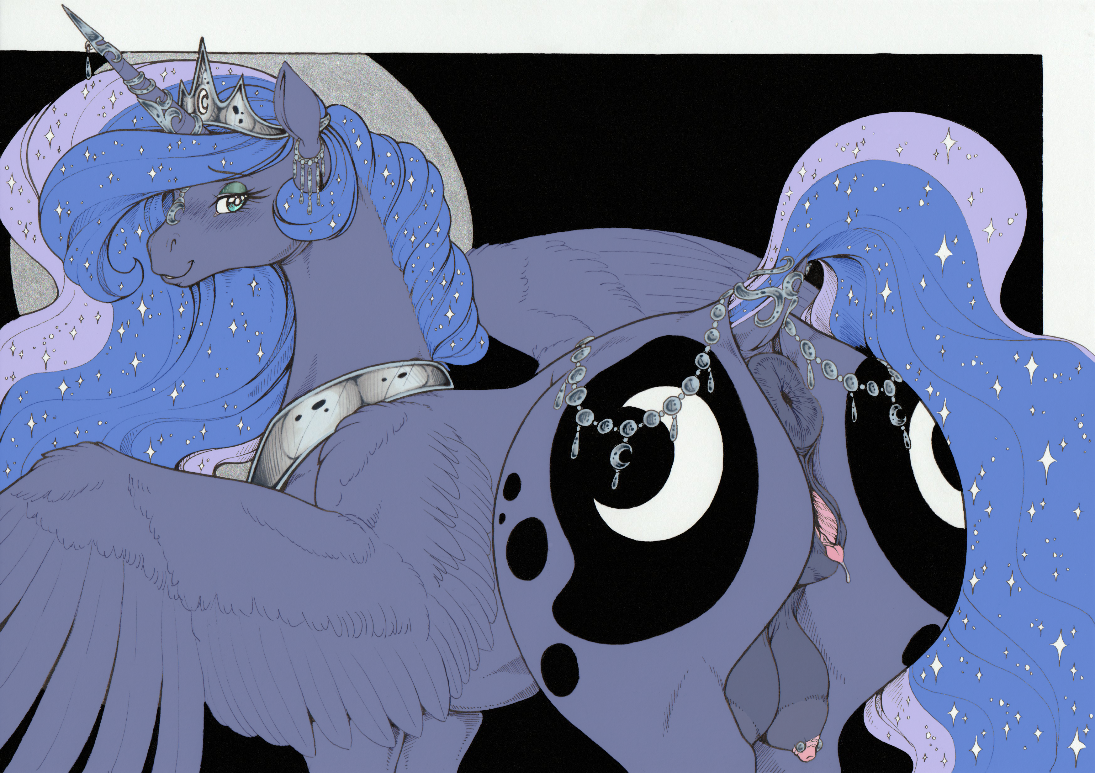 absurd_res accessory alicorn animal_genitalia animal_vulva anus ass big_butt big_teats blue_body blue_eyes blush bodily_fluids clitoral_winking clitoris color_edit colored cutie_mark dock_(anatomy) equid equine equine_anus equine_genitalia equine_vulva feathered_wings feathers female female_feral feral friendship_is_magic furgonomics furry-specific_piercing genital_fluids genitals hasbro hi_res horn horn_jewelry horn_ring horse jewelry longinius looking_at_viewer looking_back mammal my_little_pony mythological_creature mythological_equine mythology nipple_piercing nipples nude piercing pony presenting presenting_hindquarters princess_luna_(mlp) puffy_anus quadruped raised_tail rear_focus ring ring_(jewelry) solo spread_wings tail tail_accessory tail_anus tail_jewelry tail_ring teat_piercing teats third-party_edit three-quarter_view traditional_media_(artwork) vaginal_fluids vulva wide_hips wings