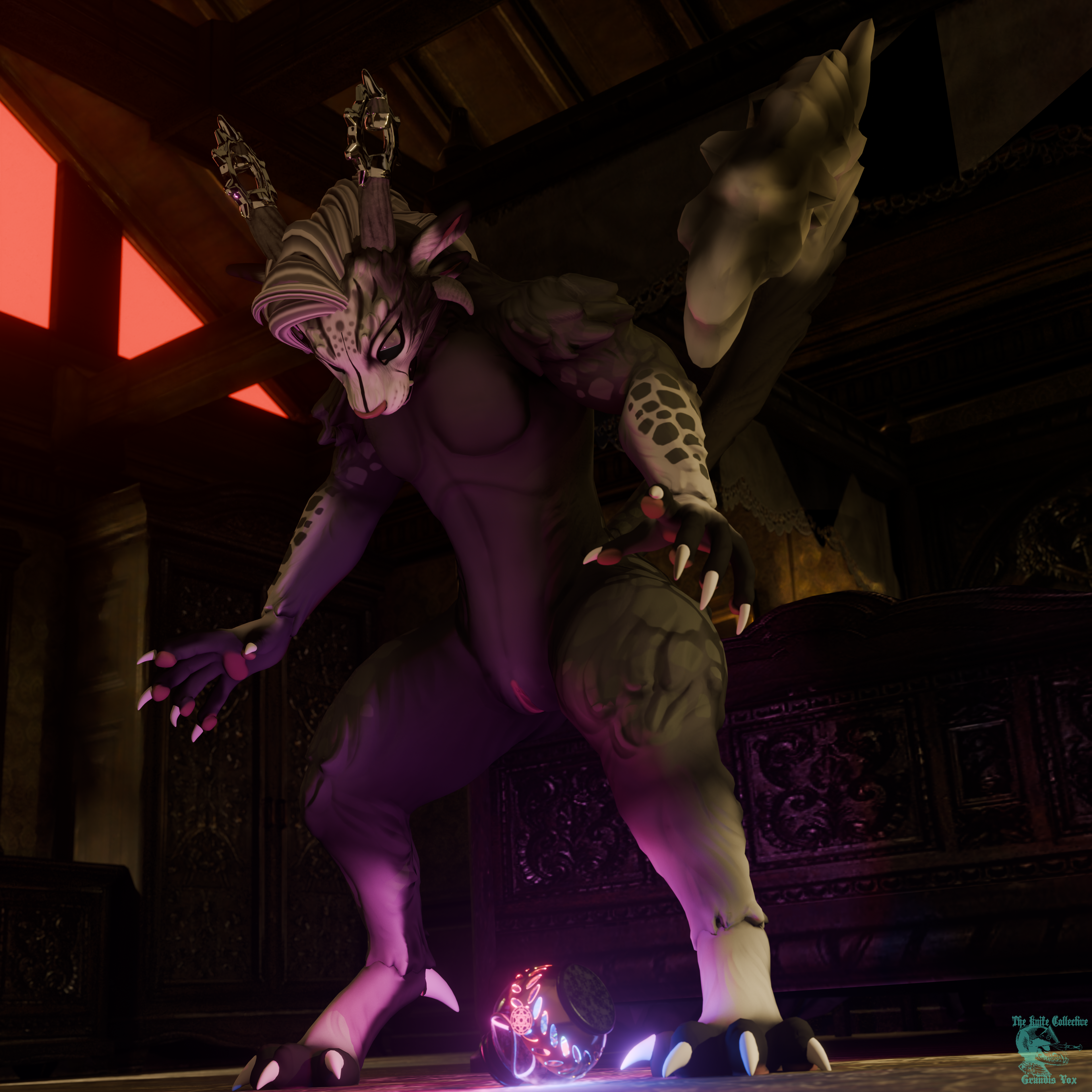 absurd_res andromorph anthro bedroom charr comes_burntshot(the_knife_collective) felid genitals guild_wars hi_res horn intersex looking_at_crotch looking_surprised mammal multi_ear nude potion rule_63 solo the_knife_collective transformation transformation_potion vulva