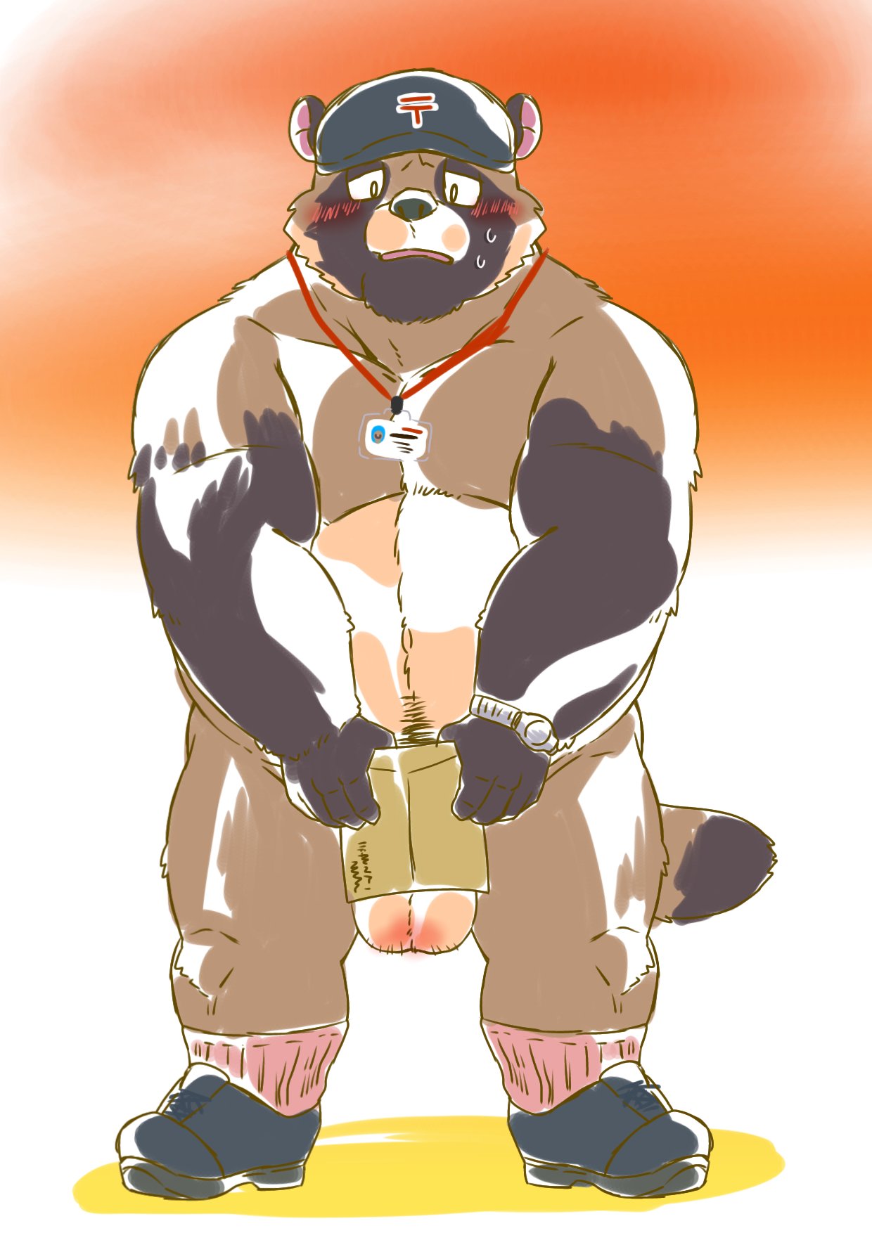 2020, hi res, anthro, balls, belly, blush, brown body, brown fur, bumomomoboa, canid, canine, clothing, fur, genitals, hat, headgear, headwear, humanoid hands, male, male only, mammal, overweight, overweight male, raccoon dog, solo, tanuki, 