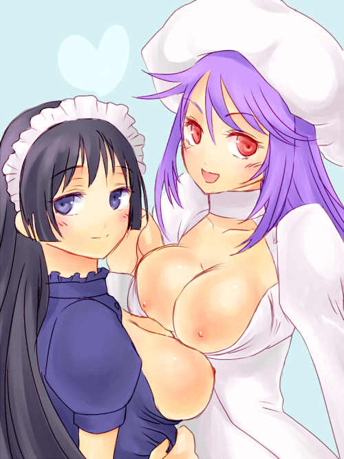atwight eks, marian, tales of (series), tales of destiny, 2girls, black hair, blue eyes, blush, breasts, choker, hat, open mouth, purple hair, red eyes, smile, 