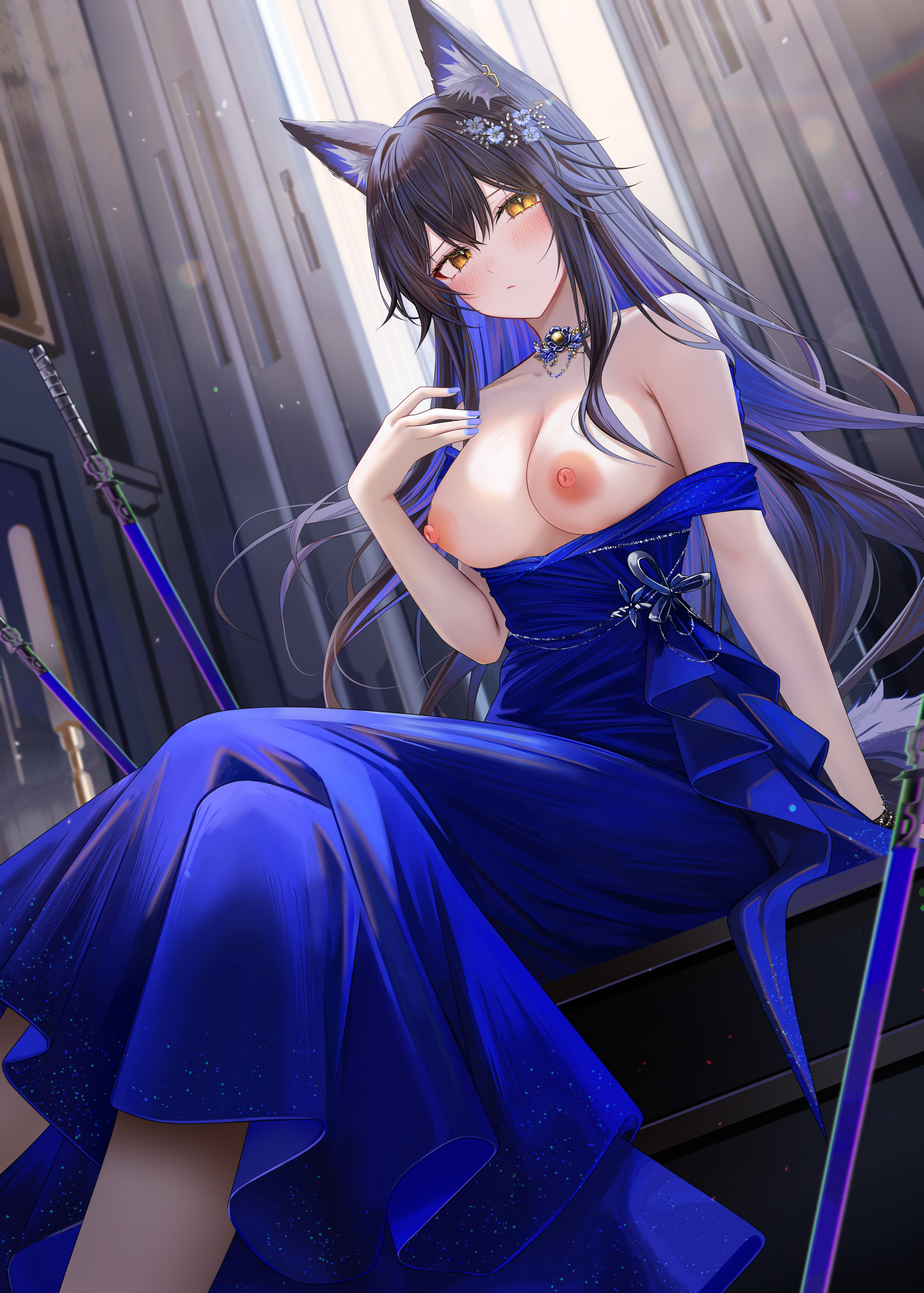 ru zhai, texas (arknights), arknights, highres, 1girls, animal ears, areolae, bare shoulders, big breasts, black hair, blue dress, blue nails, blush, breasts, breasts out, cleavage, collar, collarbone, crossed legs, dress, dutch angle, exposed breasts, female, female only, hair accessory, indoors, kemonomimi, legs crossed, light-skinned female, light skin, long dress, long hair, looking at viewer, nail polish, nipples, no bra, sidelocks, sitting, solo, swords, tail, topless, yellow eyes, 
