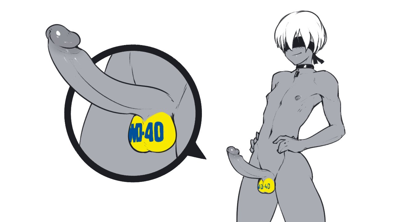 yorha 9s, nier: automata, nier (series), monochrome, 1boy, choker, close-up, covered eyes, femboy, hands on hips, long penis, navel, nipples, painted balls, penis, smile, solo, standing, tailbox, testicles, white hair, 