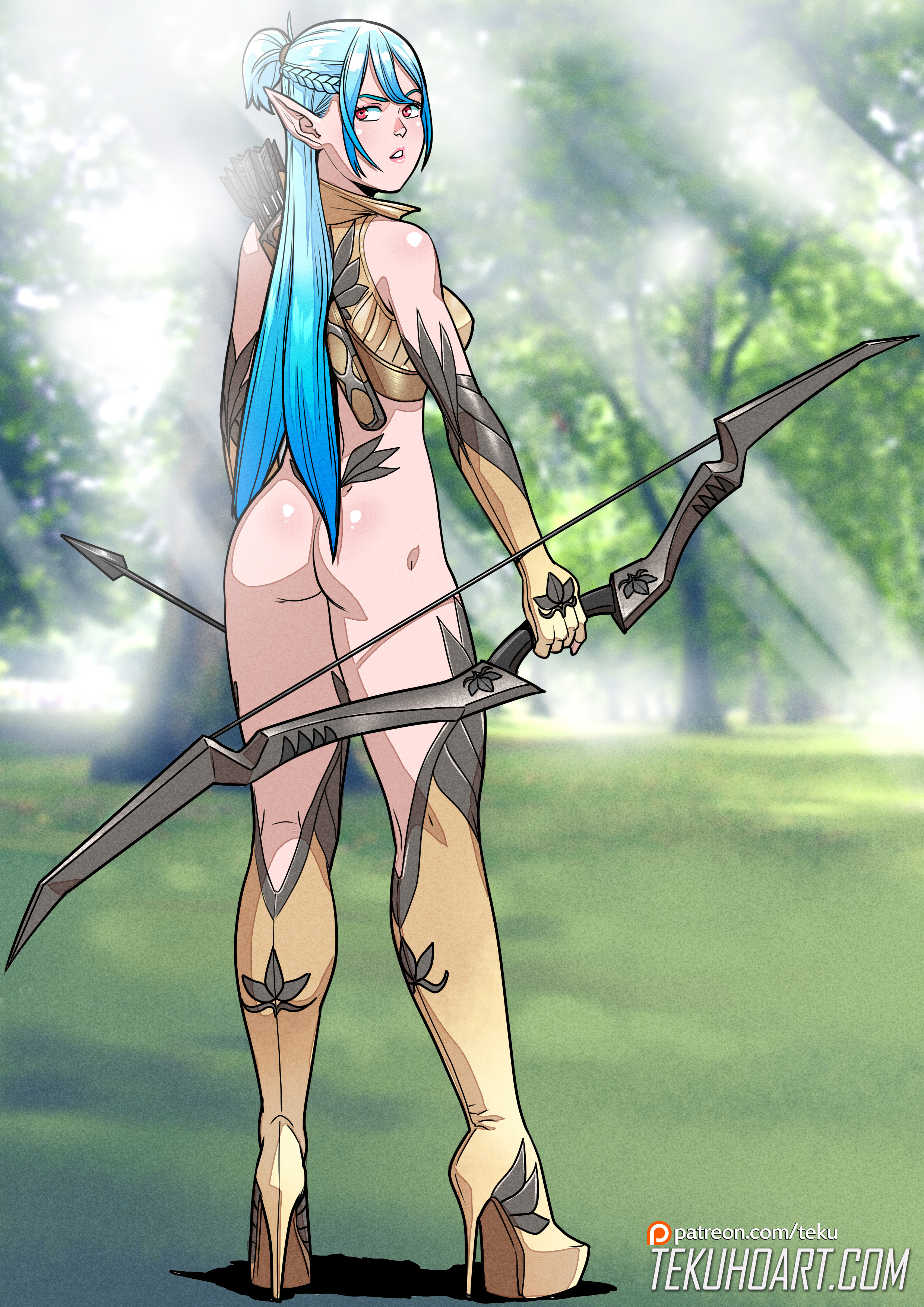 tekuho, archer, armor, armored dress, arrows, ass, bare ass, blue hair, bot...