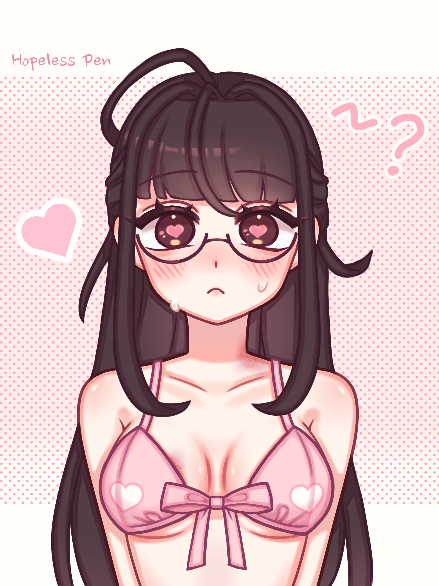 ahoge, black hair, blush, bra, brown eyes, eyelashes, female, female only, <b>glasses</b>...