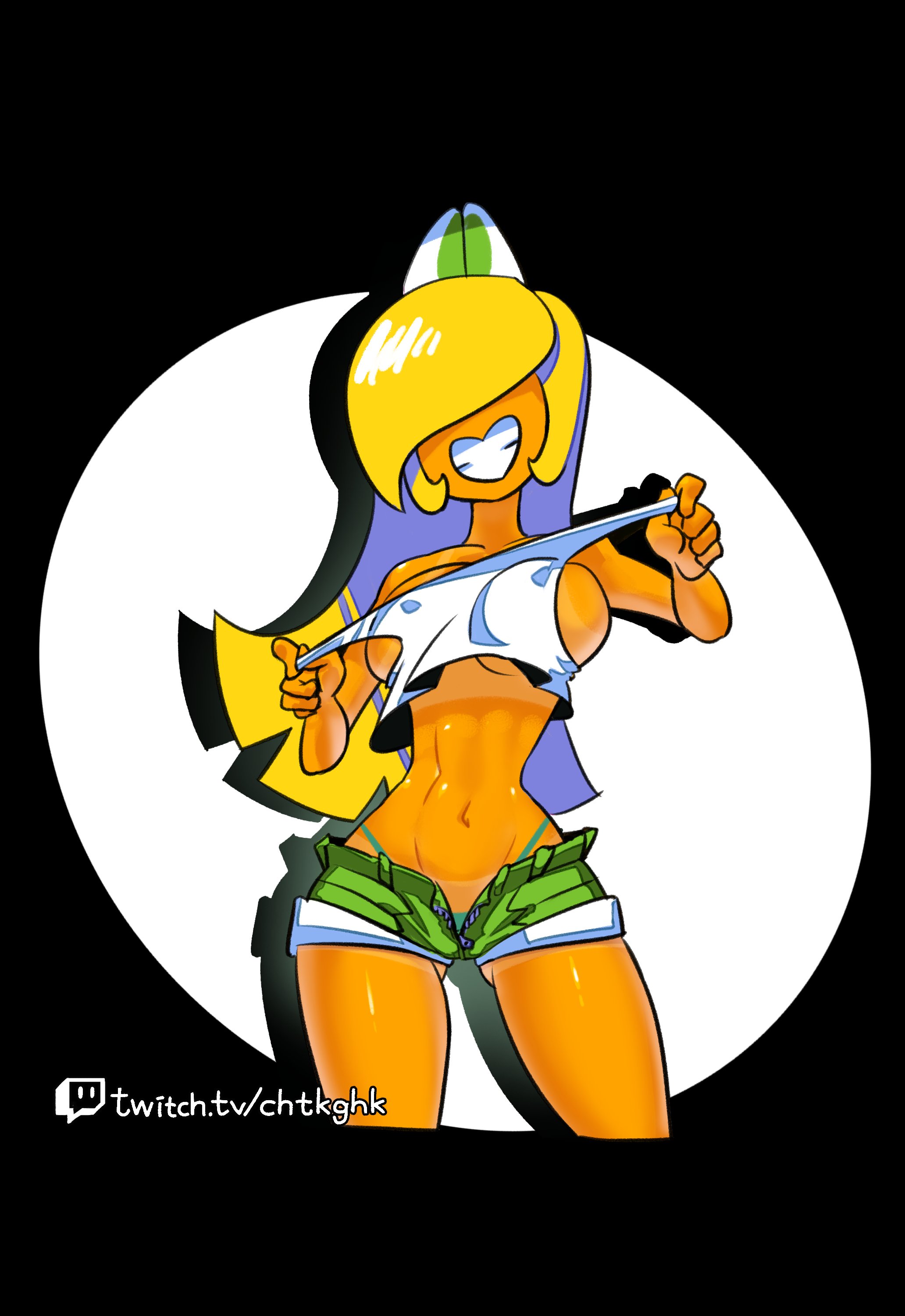 minus8, koopa, koopa girl, mario (series), nintendo, absurd res, black background, highres, simple background, url, watermark, 1girls, 2022, 4 eyes, artist name, ass visible through thighs, bare arms, bare shoulders, blonde hair, breasts, female, female only, green eyes, grin, hair over eyes, lifted by self, looking at viewer, medium breasts, micro shorts, midriff, navel, nipple slip, shadow, shirt, shirt lift, short shorts, shorts, sideboob, solo, spotlight, standing, tan, tank top, tank top lift, tanline, teeth, thighs, thong, yellow skin, 