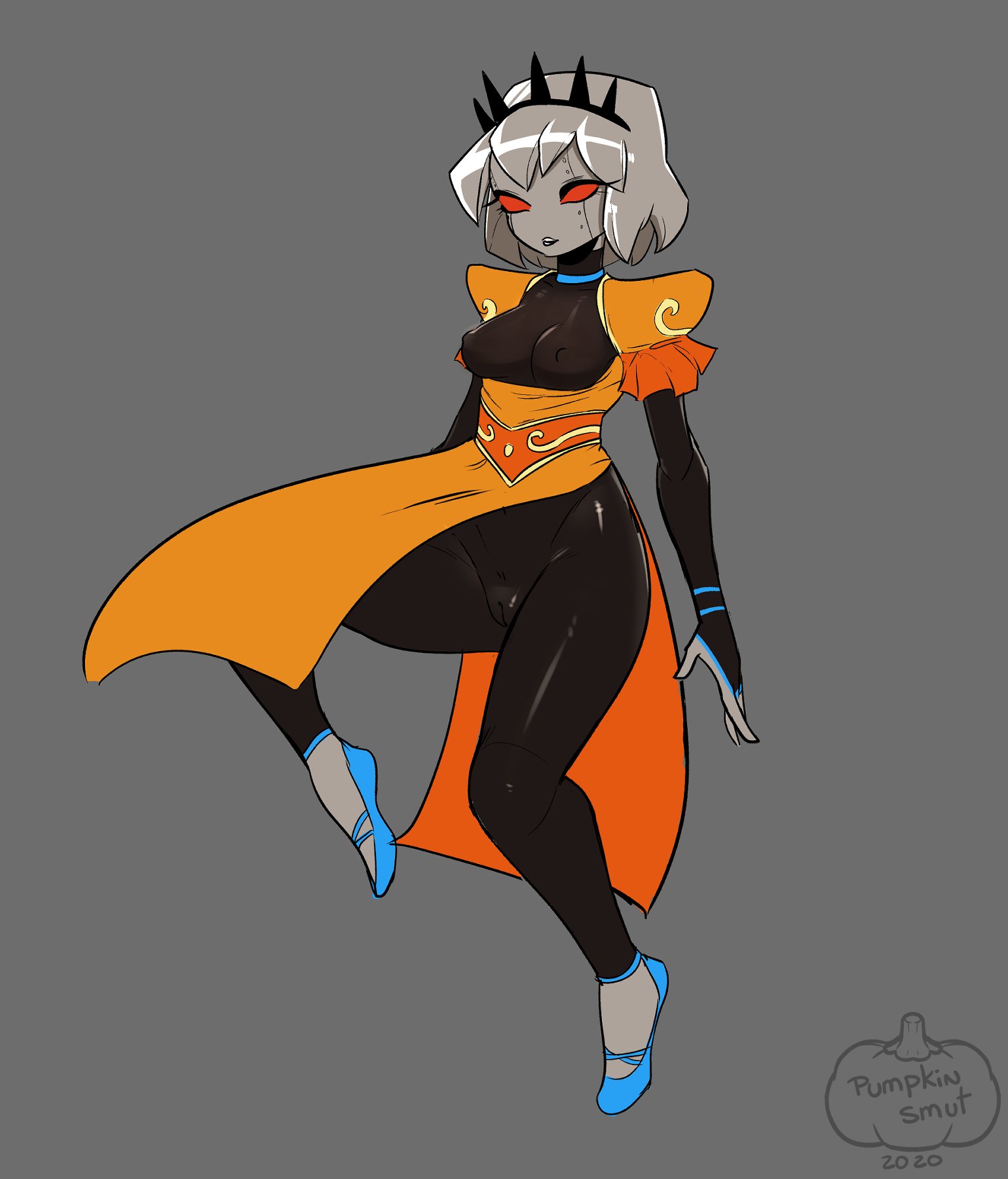 rose lalonde, homestuck, ms paint adventures, 2020, grey background, 1girls, black lips, bodysuit, breasts, choker, clothing, crown, female, grey hair, grey skin, pumpkinsmut, pussy, red eyes, robot girl, rosebot, shoes, skin tight, solo, 