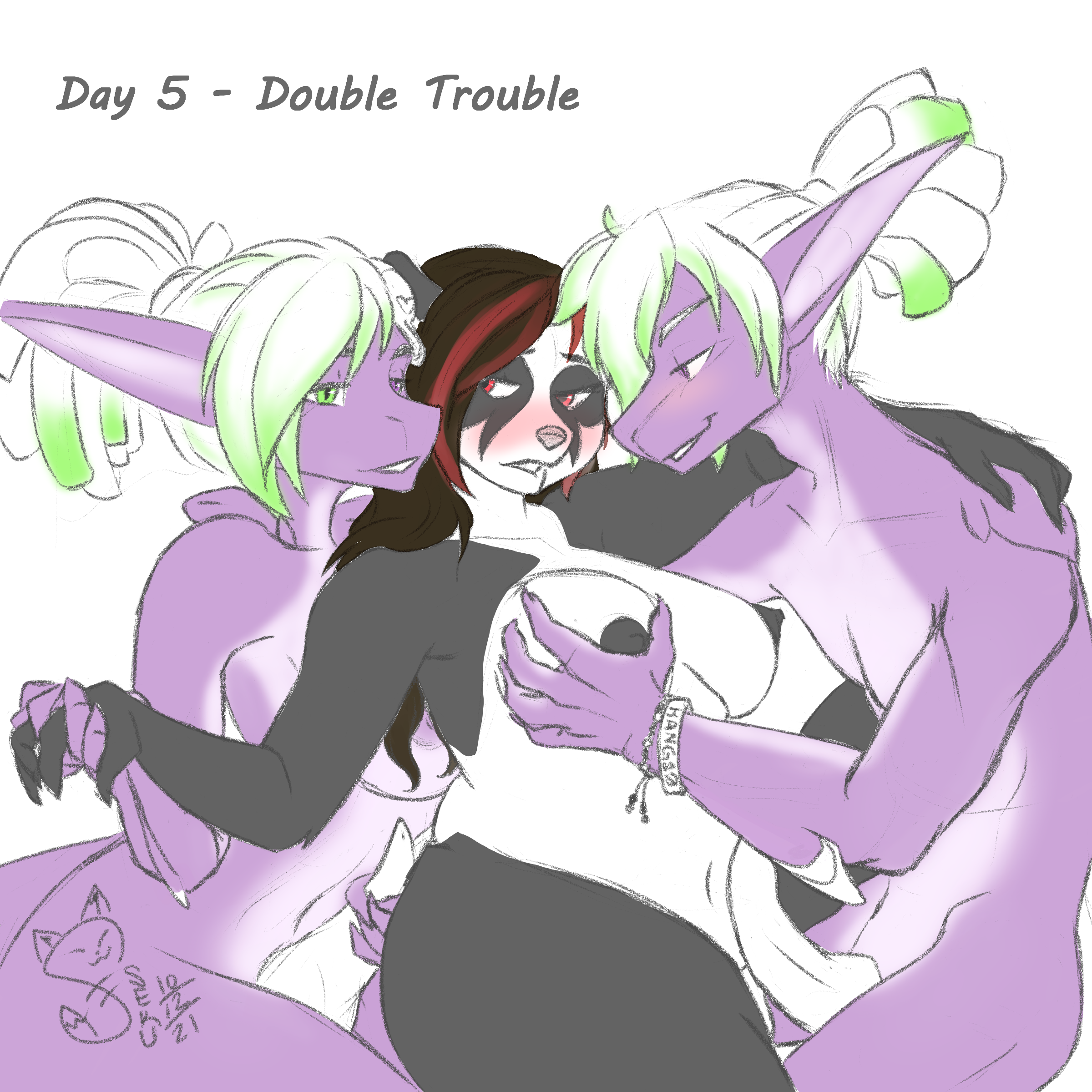 1:1, absurd res, english text, hi res, rule 63, text, anthro, black body, black fur, blush, breast grab, breasts, double penetration, feifei, feifei (character), female, fish, fur, giant panda, grin, group, group sex, hair, hand on breast, herm, intersex, intersex/female, lammyshark, lammyshark (character), lamnid, lamniform, male, male/female, mammal, marine, masturbation, penetration, purple body, purple skin, red eyes, sandwich position, sekuhara, sex, shark, smile, threesome, ursid, white hair, 
