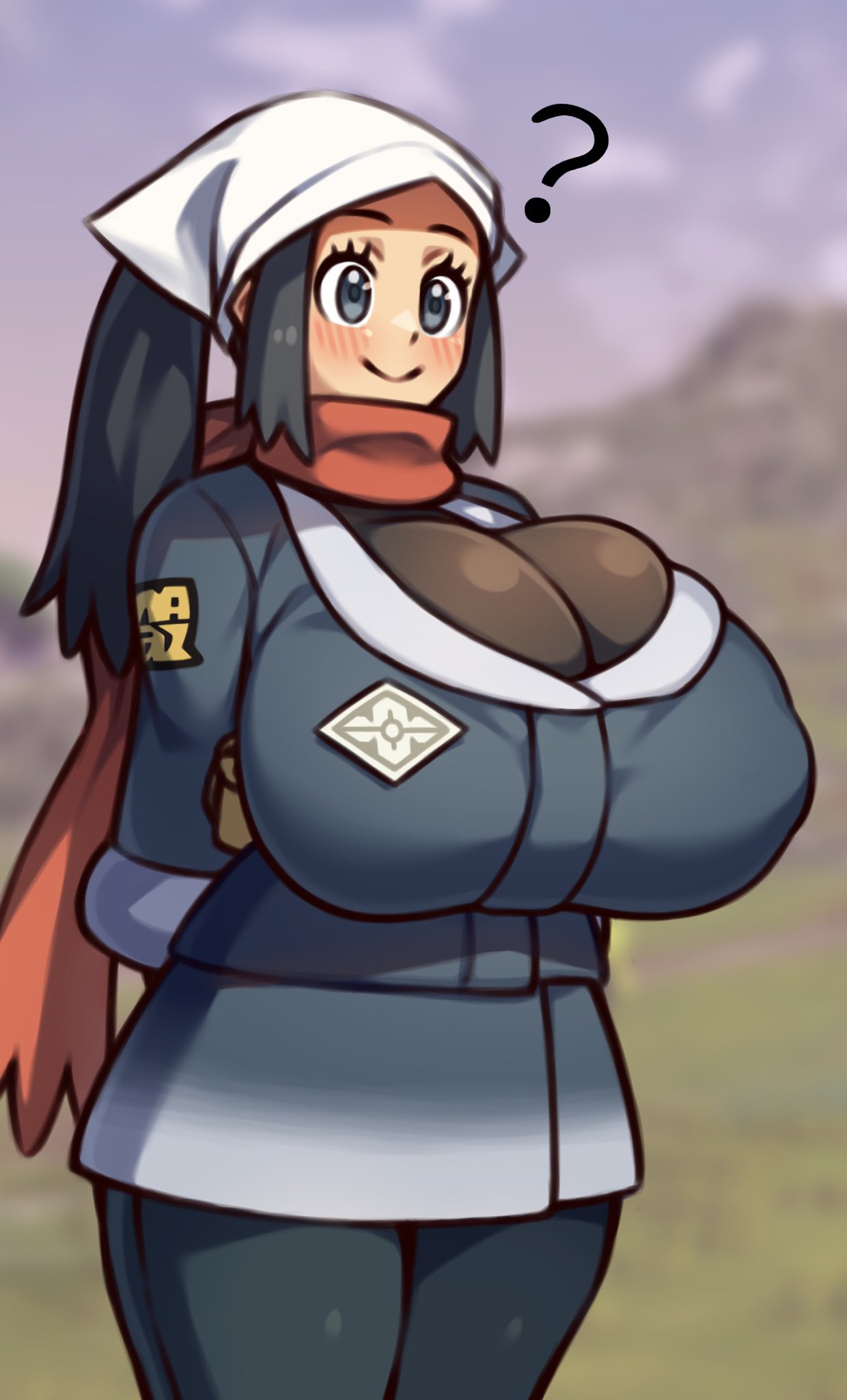 game freak, nintendo, 1girls, akari (pokemon), big breasts, blue eyes, blue hair, breasts, cute, dekapaiyukari, female, fully clothed, huge ass, long hair, pokemon, pokemon legends: arceus, solo, standing, thick thighs, 
