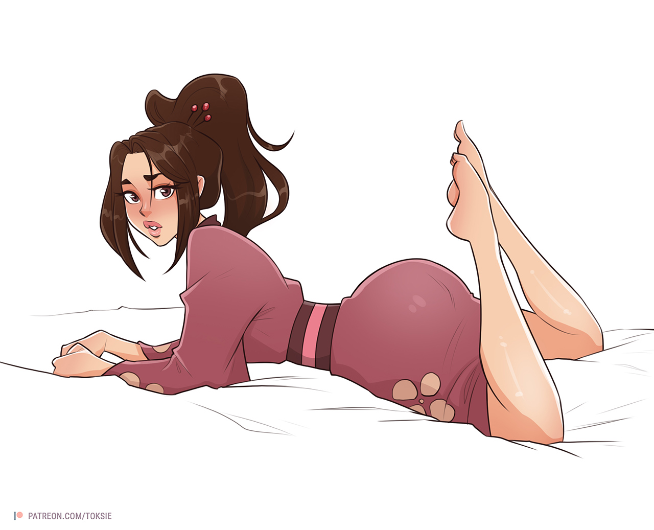 fuu, samurai champloo, white background, 1girls, ass, barefoot, bedsheets, big ass, brown eyes, brown hair, butt, clothed, feet, female, female only, lips, looking at viewer, looking back, lying on bed, on stomach, ponytail, solo, the pose, thick lips, tied hair, toksie, 