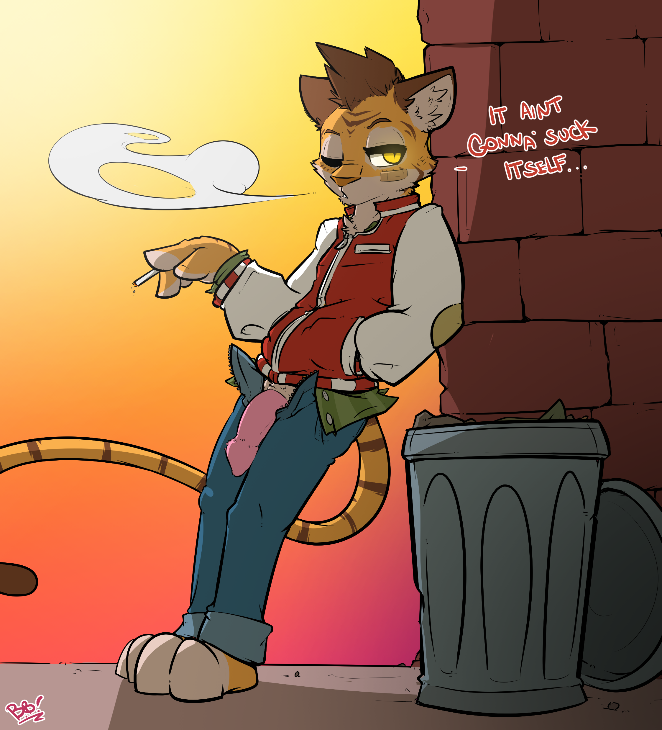 bbsartboutique, english text, hi res, text, against wall, animal genitalia, anthro, band-aid, bandage, barbed penis, barefoot, cigarette, clothed, clothing, dialogue, feline, flaccid, fully clothed, glans, hand in pocket, itself, leaning, leaning back, male, male only, mammal, one eye closed, open pants, penis, sheath, smoke, smoking, solo, standing, talking to viewer, tiger, 